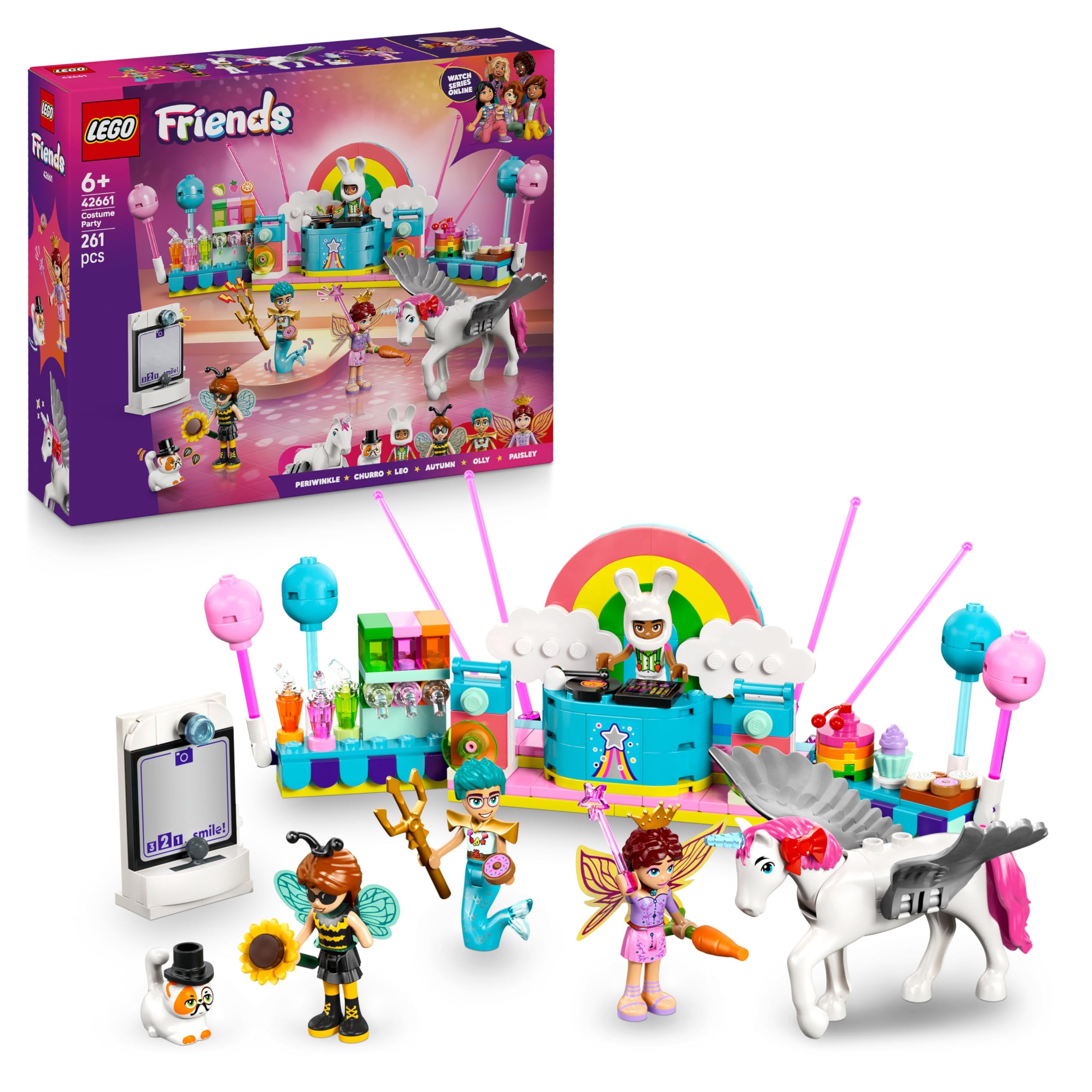 LEGO Friends Kostümparty mit Einhorn und Fee - Spielzeug für Mädchen ab 6 Jahren - Bühne, DJ-Pult, 4 Minipuppen, der Katze Churro und Einer Pferdefigur sowie lustigem Zubehör - Geschenkidee - 42661