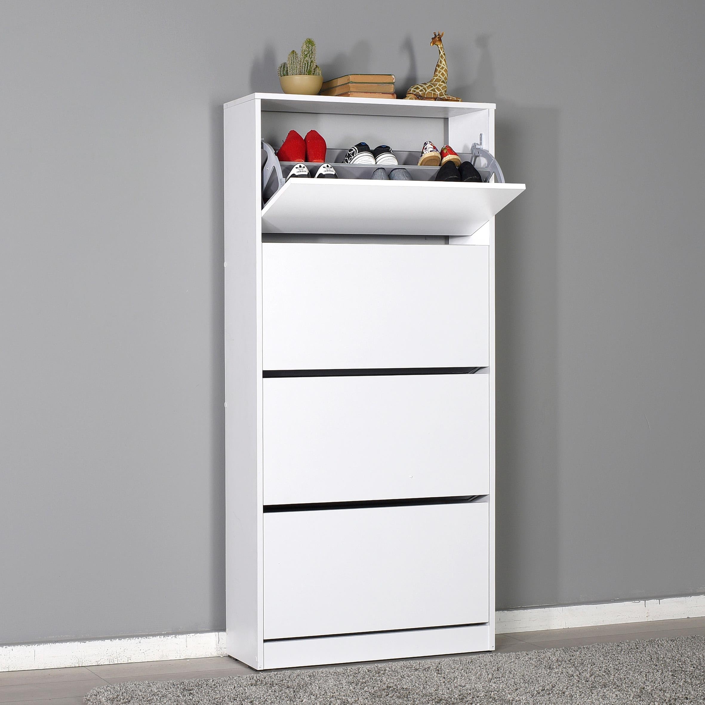 Buyqualia Zapatero Moderno de 4 Cajones, 169x56x34 cm, Capacidad 19+ Pares, Color Blanco, Montaje en Suelo