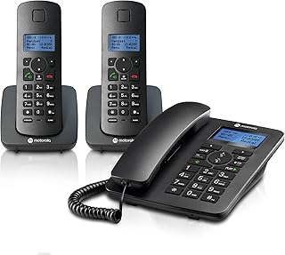 Motorola Voice C42 Corded Phone System + 2 Digital Cordless Handsets w/Answering Machine, Call Block - Black (C4202)