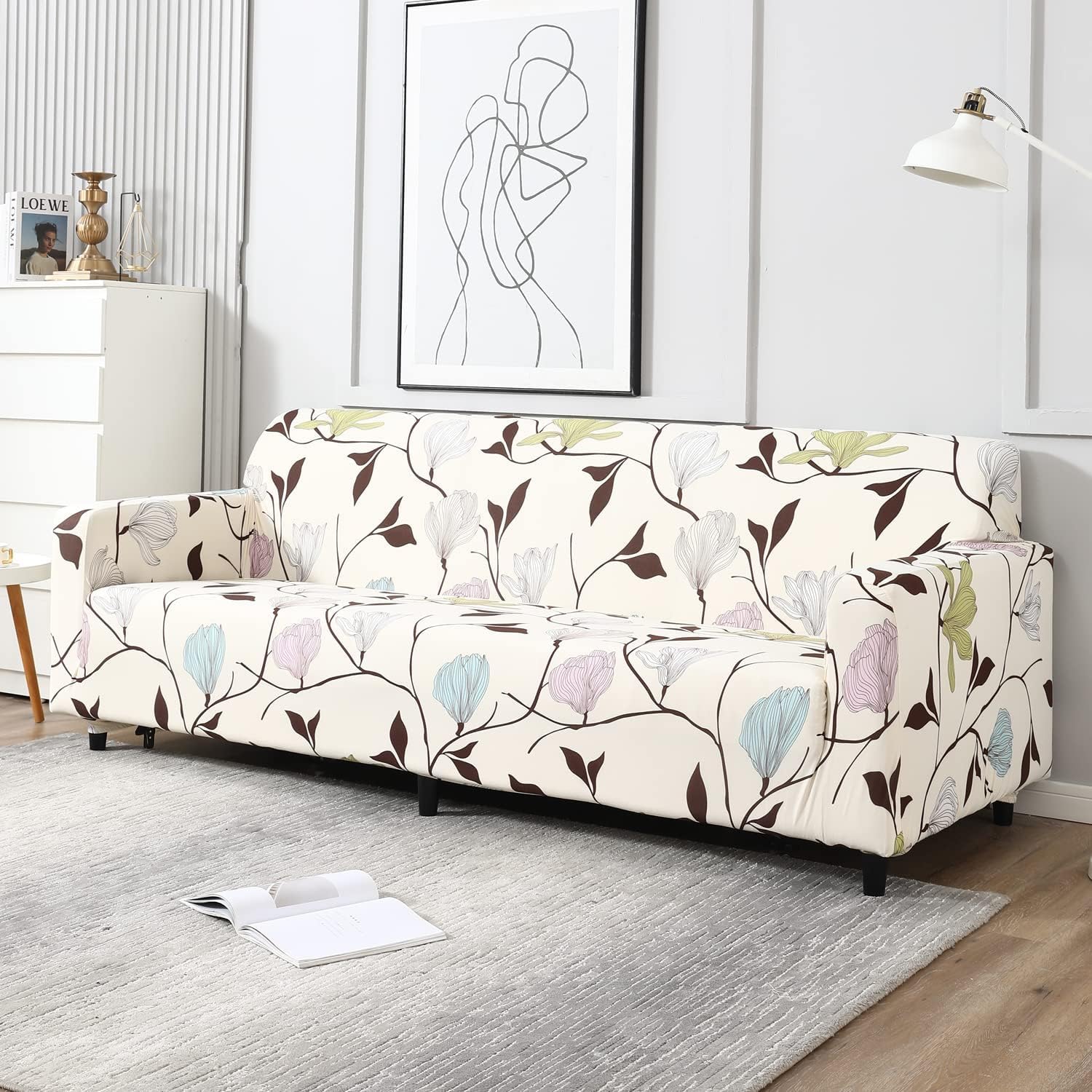 HOKIPO Sofa Cover 4 Seater Fully Covered, Beige Brown Leaves