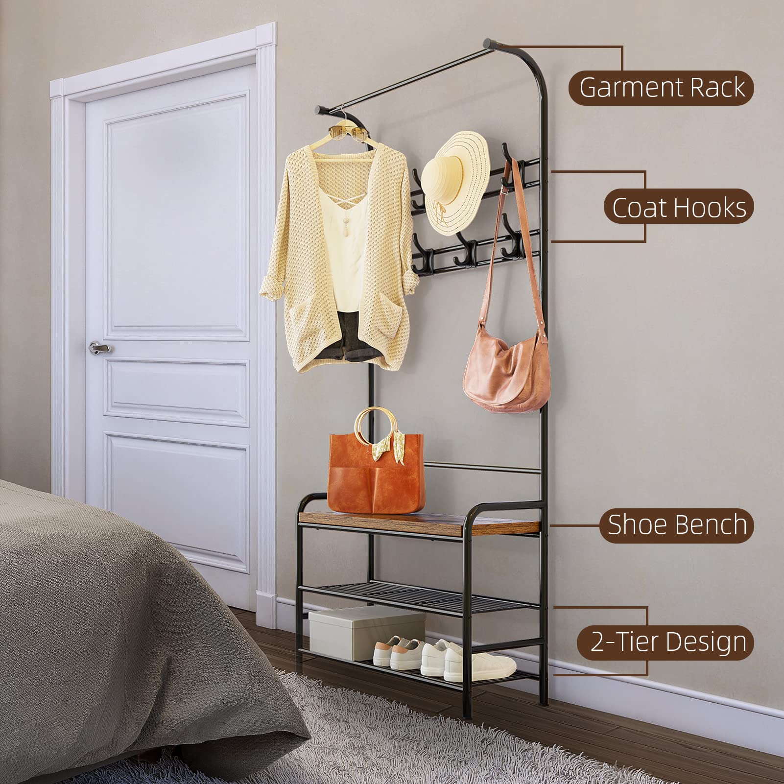 IDEALHOUSE Narrow Hall Tree Storage Bench for Entryway, Coat Rack Shoe Bench, 4in1 Coat Rack