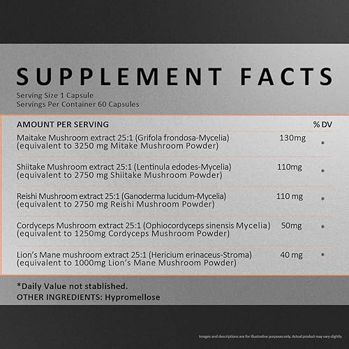 Miniatura 4 de Suplemento de mezcla de 5 hongos, con Reishi, melena de león, maitake, shiitake y cordyceps - Energía natural, alivio del estrés y apoyo