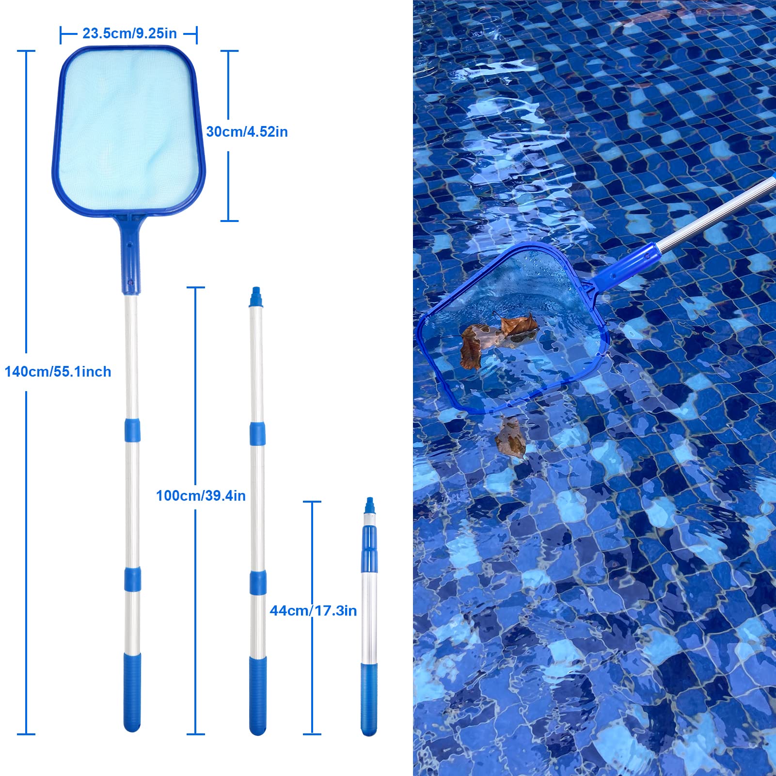 VABNEER Epuisette Piscine, Écumoire De Piscine Avec 90 Poteau Telescopique En Aluminium Pour Piscine Bassins Aquariu Thermales Fontaine Etang Epuisette Profonde