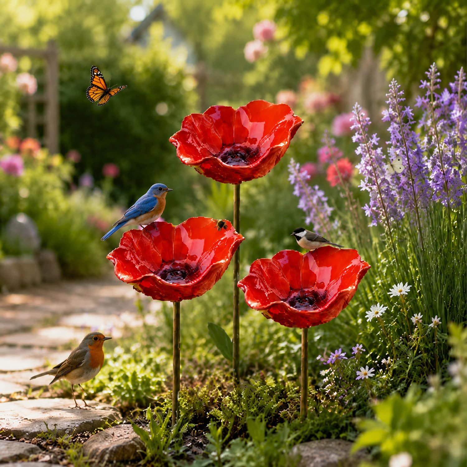Shallow floral-shaped bird bath, flower-shaped garden stick bird waterer with metal post, weatherproof outdoor bird feeder, for hummingbirds and bees (2, Red) — image 1