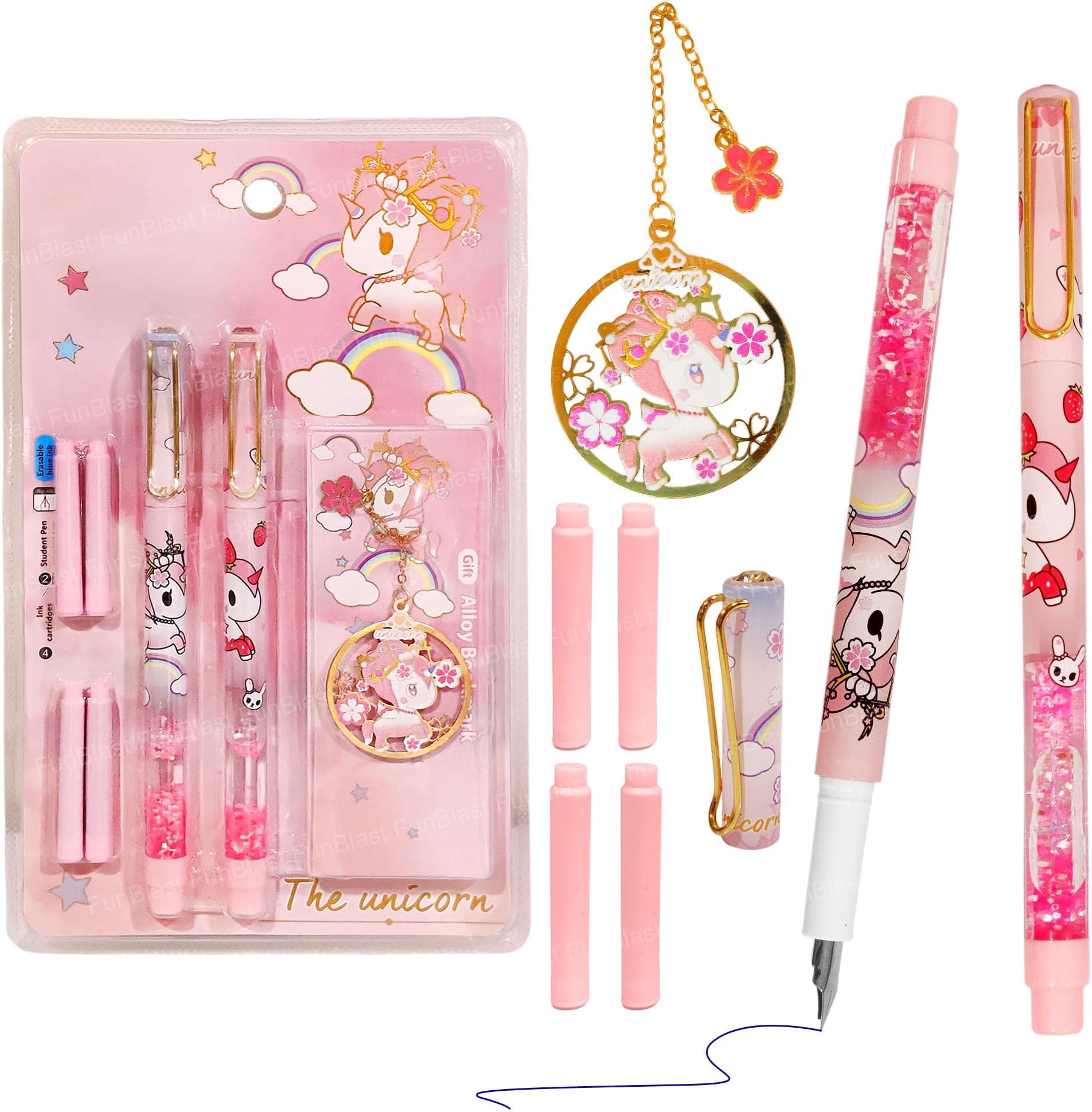 FunBlast Fountain Pen – Unicorn Quick Sand Fountain Pen Set for School & Office, Kawaii Stationery Gift for Kids, Smooth Writing Pen for Students & Professionals (Multicolor)