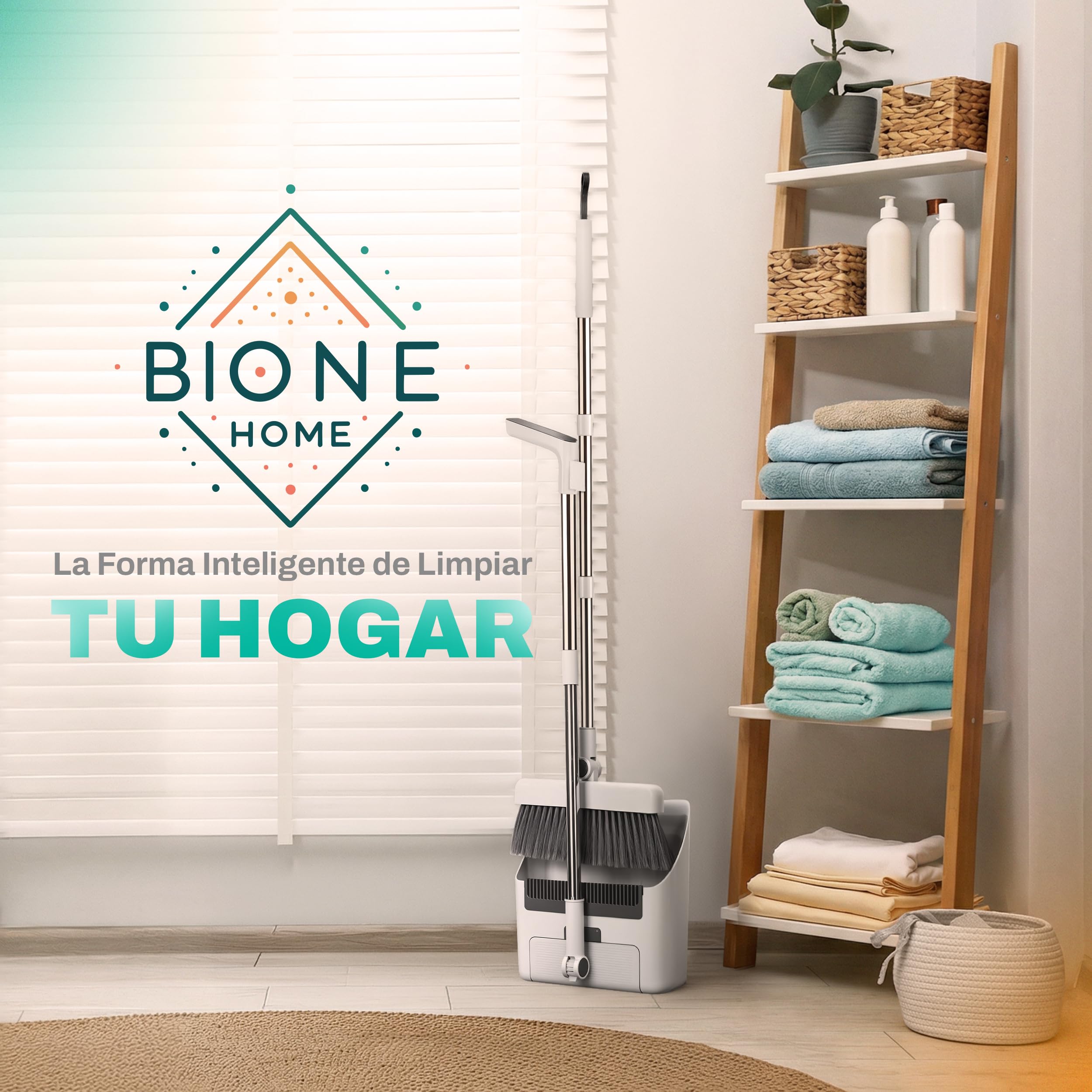 Bione Escoba y Recogedor Plegable con Palo de 126 cm - Set de Limpieza de Escoba 3 en 1 con Cepillo Barrer, Cepillo Duro, Limpiacristales Integrado, Bayeta y Recogedor Basura - Práctico y Compacto