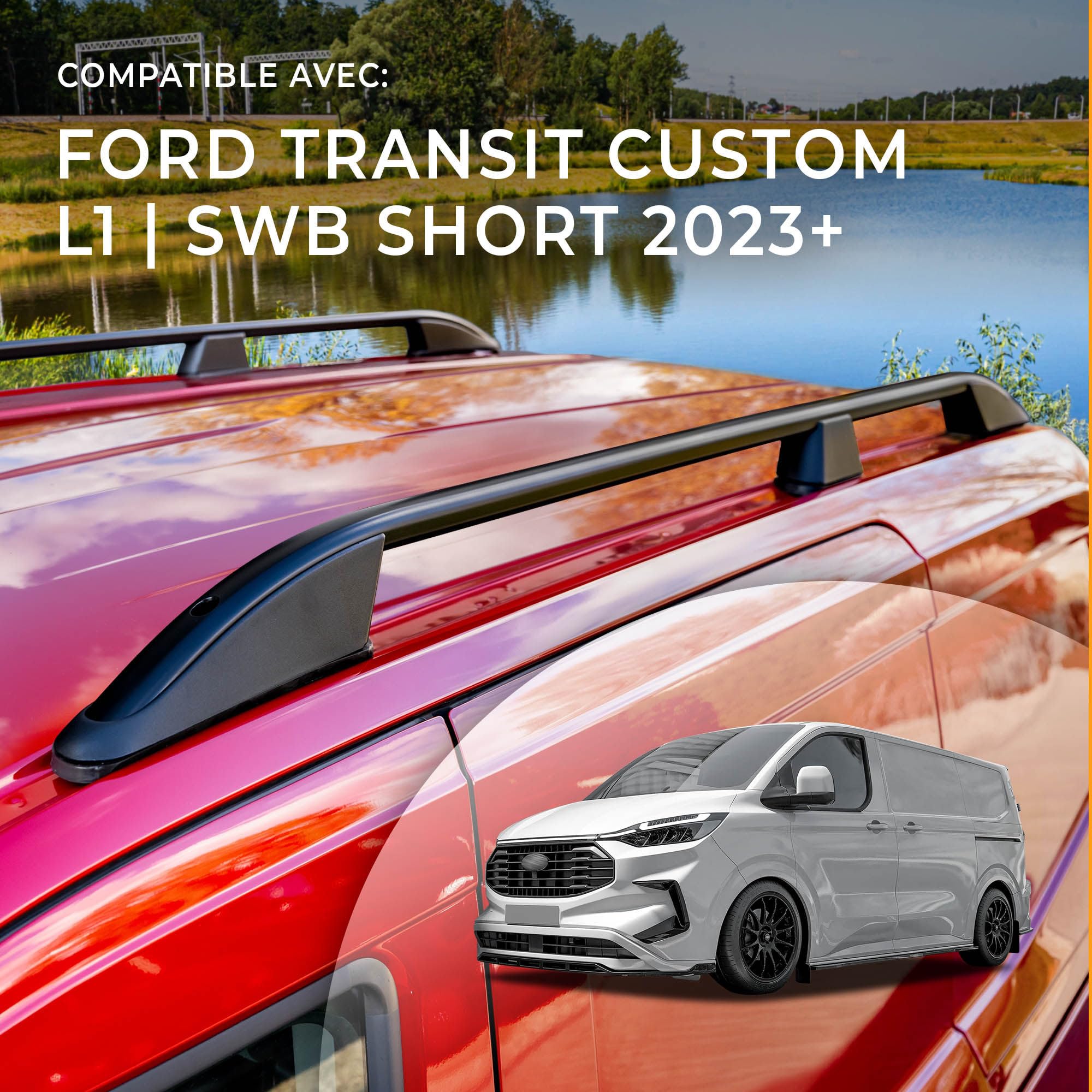 CHROMEMASTER | Barres de Toit Longitudinales Compatibles avec Ford Transit Custom L1 Court 2023+ | Permettent l’Installation de Barres de Toit, Coffre de Toit, Porte-Vélos et Accessoires de Transport