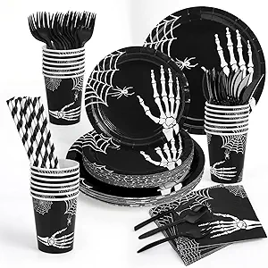 GarveeHome 215 Pcs Halloween Plates and Napkins Set Serve 25, Halloween Hand Bone Disposable Tableware Set, Decorations Includes Plates, Cups, Napkins, Tableware