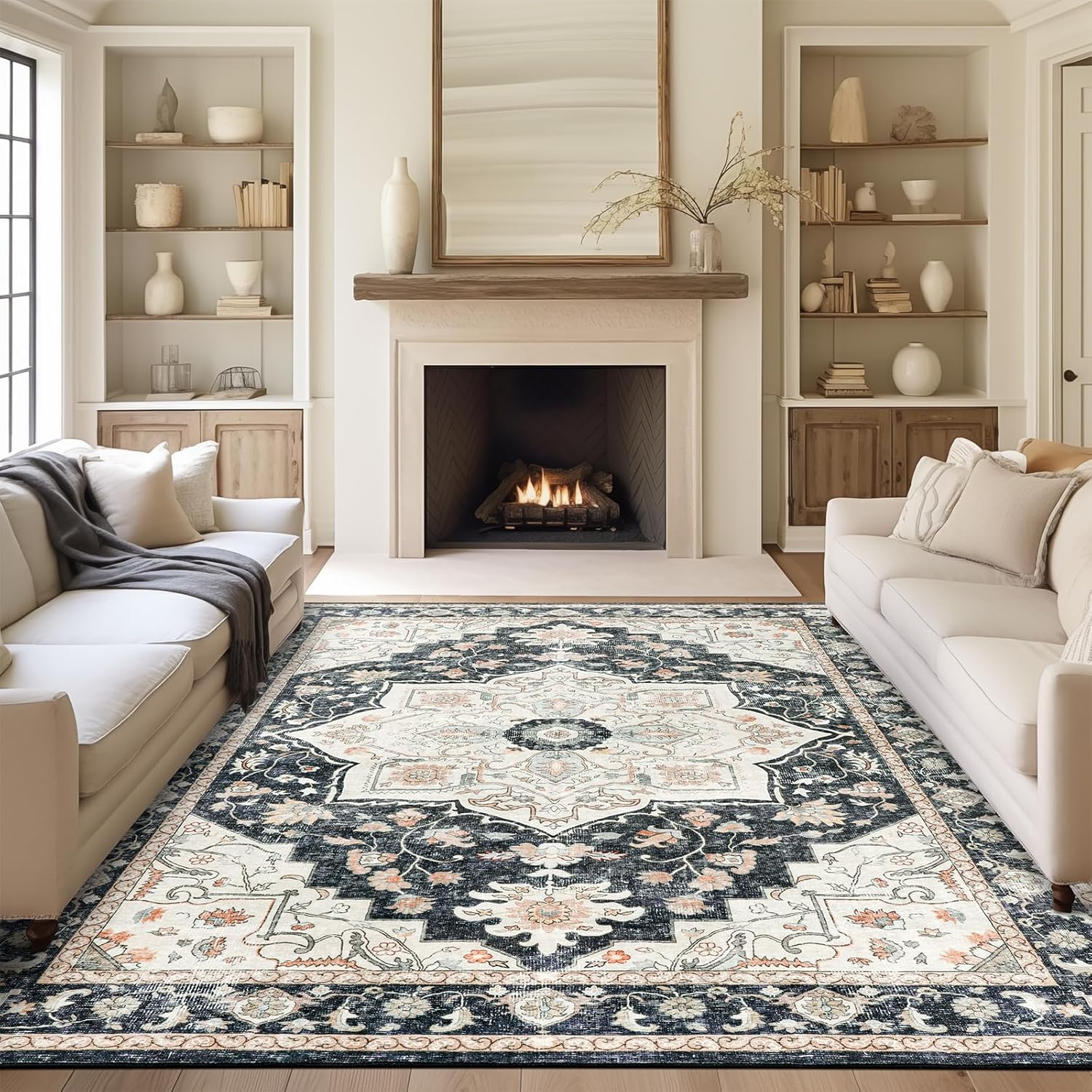 8x10 Rug,Area Rugs for Living Room,Non-Slip Backing Washable Rugs,Vintage Printed Large Area Rug, Stain Resistant Home Decor Rug (Grey/Black,8'x10') Grey 8'x10'