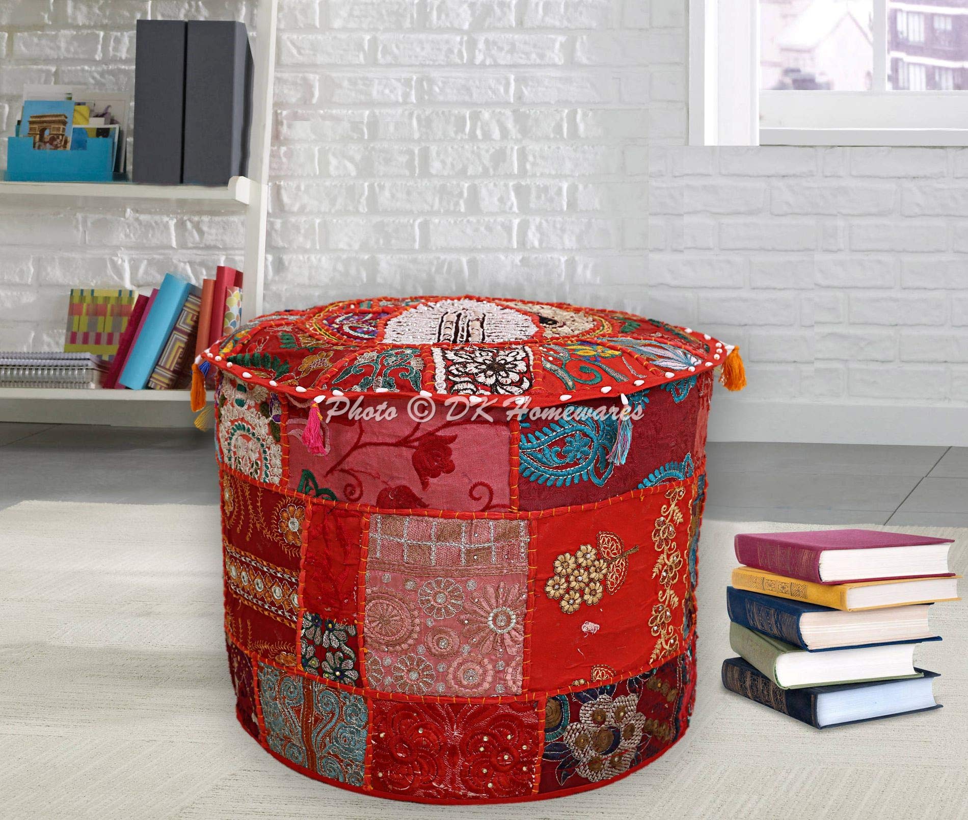 DK Homewares Indian Vintage Patchwork Pouf Ottoman Cover Red Round Pouffe Home Decor Cotton Embroidered Pouffe Footstool Floral Traditional 18x18x13