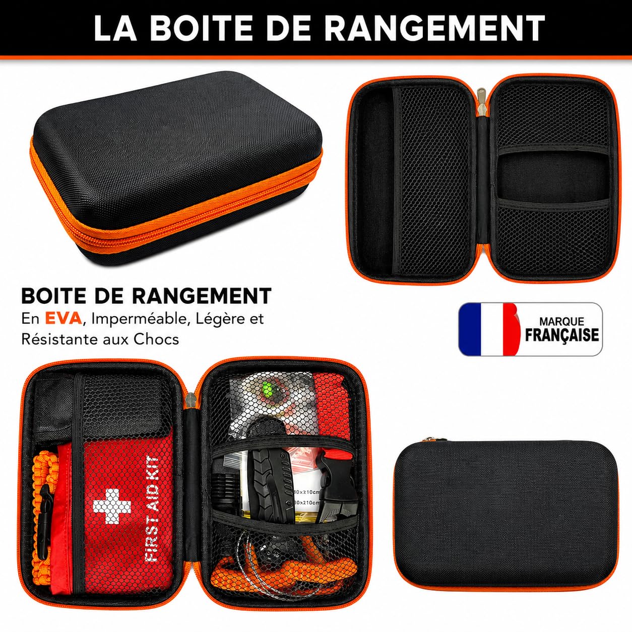 Kit de Survie Complet 17 en 1 Compact, Équipement de Survie d’Urgence conçu en France pour Randonnée, Bushcraft, Camping, Pince Multifonctions, Trousse de Secours, Boussole, Couverture de Survie