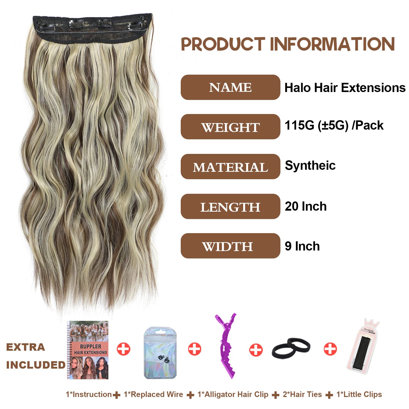 BUPPLER Halo Hair Extensions 20 Inch Invisible Wire Hair Extensions Adjustable Long Wavy Hairpiece Synthetic Upgrade 4 Secure Clips in Hairpieces 20 Inch,Medium Brown Mix Dark Blonde - Image 2