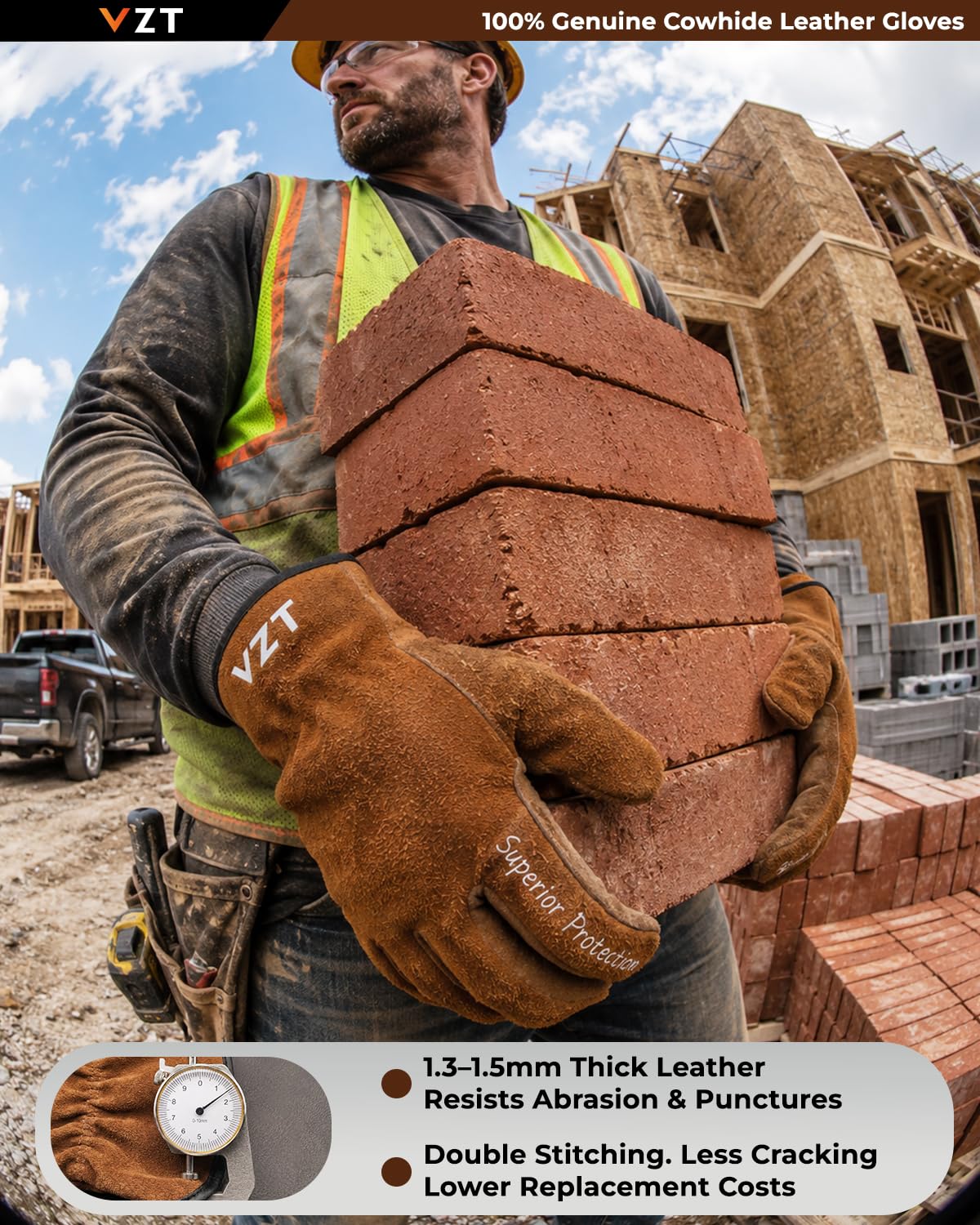 VZT 10 pares de guantes de trabajo de cuero para hombres y mujeres, paquete a granel, agarre suave y duradero, cuero de vaca genuino resistente para conductores de camiones, construcción, soldadura 2