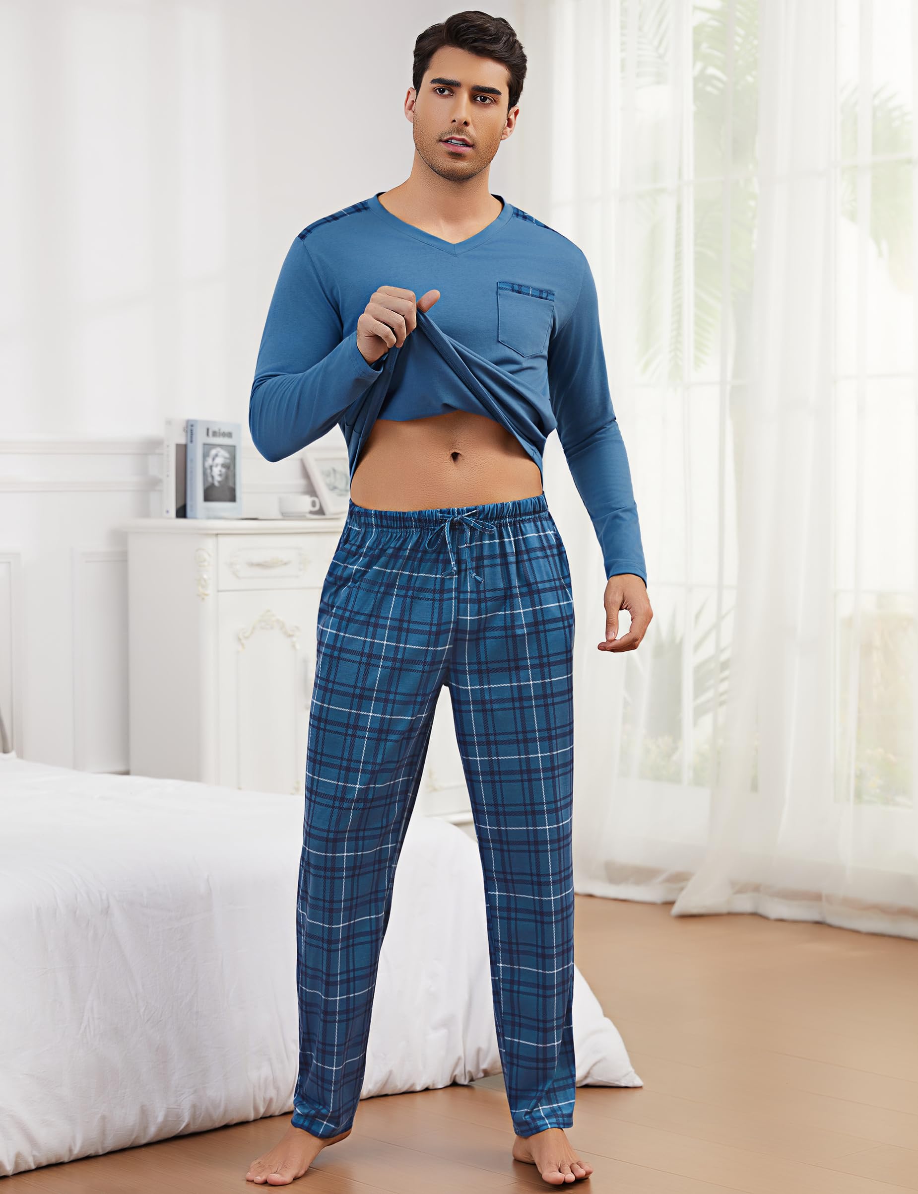 Litherday Pigiama Uomo Invernale Cotone Lungo Pigiami Due Pezzi da Uomo Manica Lunghe e Pantaloni con Tasche Morbido Loungewear