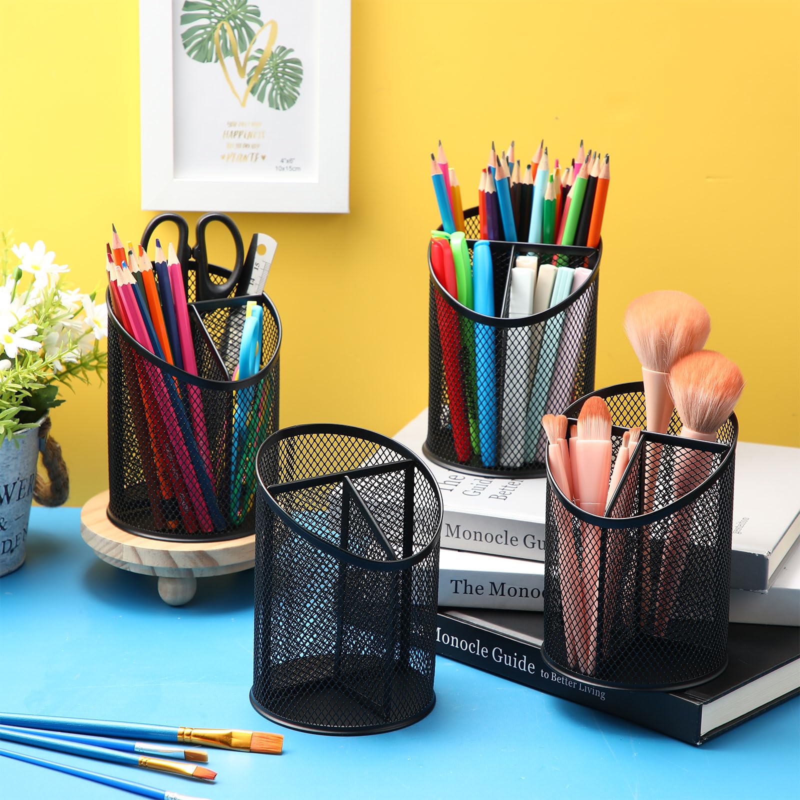 Portapenne in rete, portapenne rotondo in metallo con 3 scomparti, organizer da scrivania per ufficio, casa e scuola, confezione da 4 accessori da scrivania