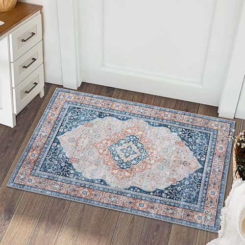 CAROMIO Alfombra lavable vintage envejecida, alfombra de entrada, resistente a las manchas, antideslizante, alfombra tradicional con medallones,