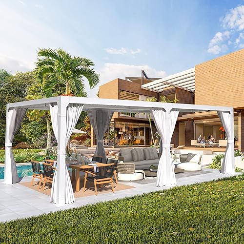 MELLCOM 10' × 20' Louvered Pergola with Adjustable Aluminum Rainproof Roof, Outdoor Hardtop Gazebo for Patio, Lawn & Garden, Curtains and Netting Included, White