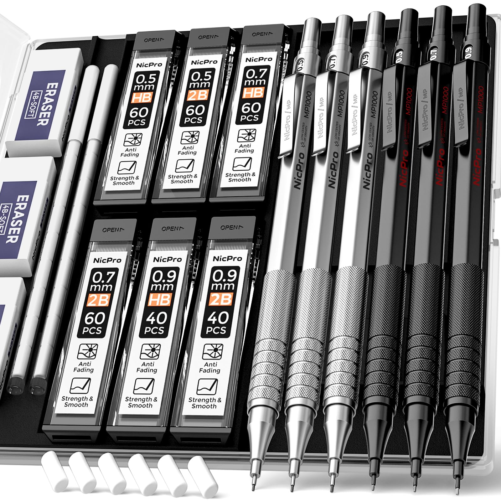 Nicpro 0.5 & 0.7 & 0.9 mm Metal Mechanical Pencil Set with Case, 6PCS MP1000 Artist Lead Pencil with 12 Tubes HB & 2B Lead Refills, 3 Erasers For