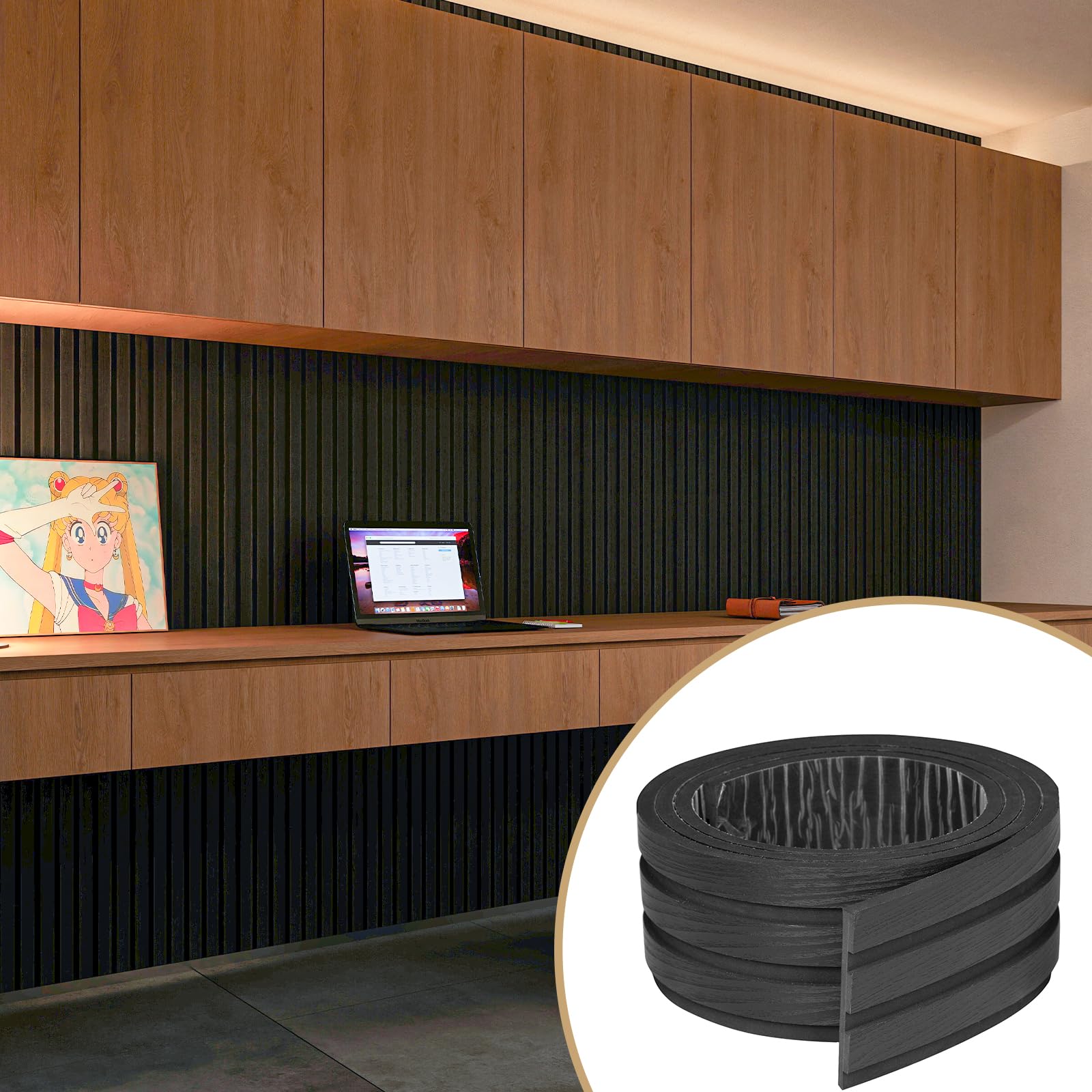 Paneles de pared estriados 3D para despegar y pegar, paneles de pared de espuma EVA con aspecto de madera para pared de TV, borde de listones autoadhesivo impermeable, rollo de 30 m (negro), 1