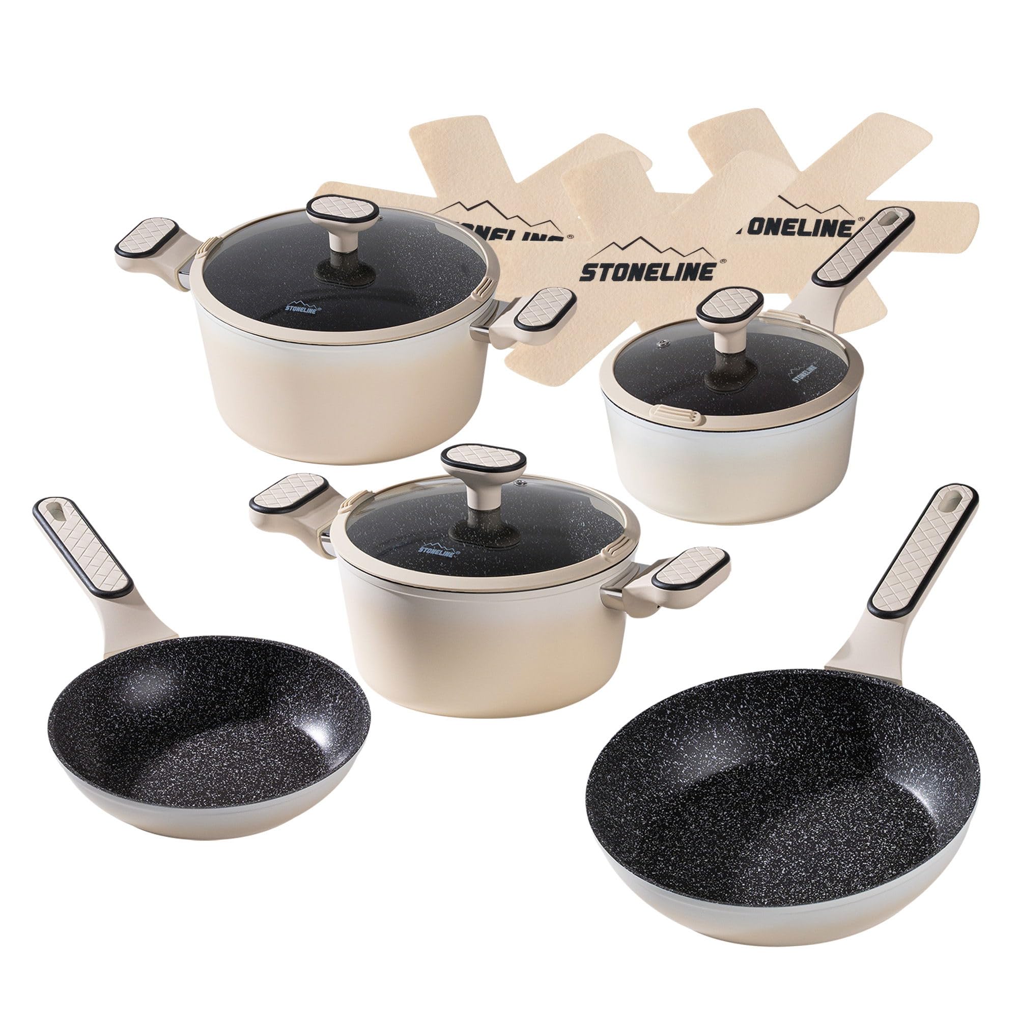 STONELINE Batteria Cucina 11 Pezzi 18/20/24 cm Set Padelle e Pentole con Coperchio, Pentola Padella Induzione Antiaderente con Vere Particelle di Pietra, Tutti i Piani Cottura, Colore: Crema