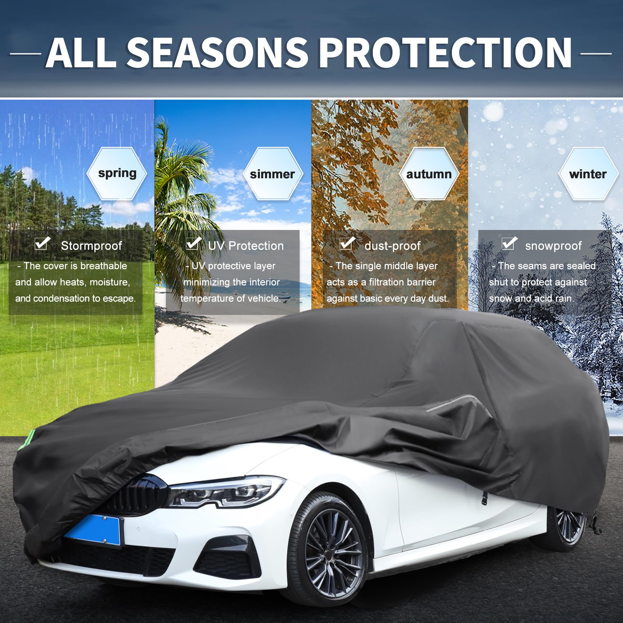 X AUTOHAUX Waterproof Sedan Car Cover for 178-186 Inch Sedans - All-Weather Protection Anti-UV Windproof Left Side Zipper — view 2