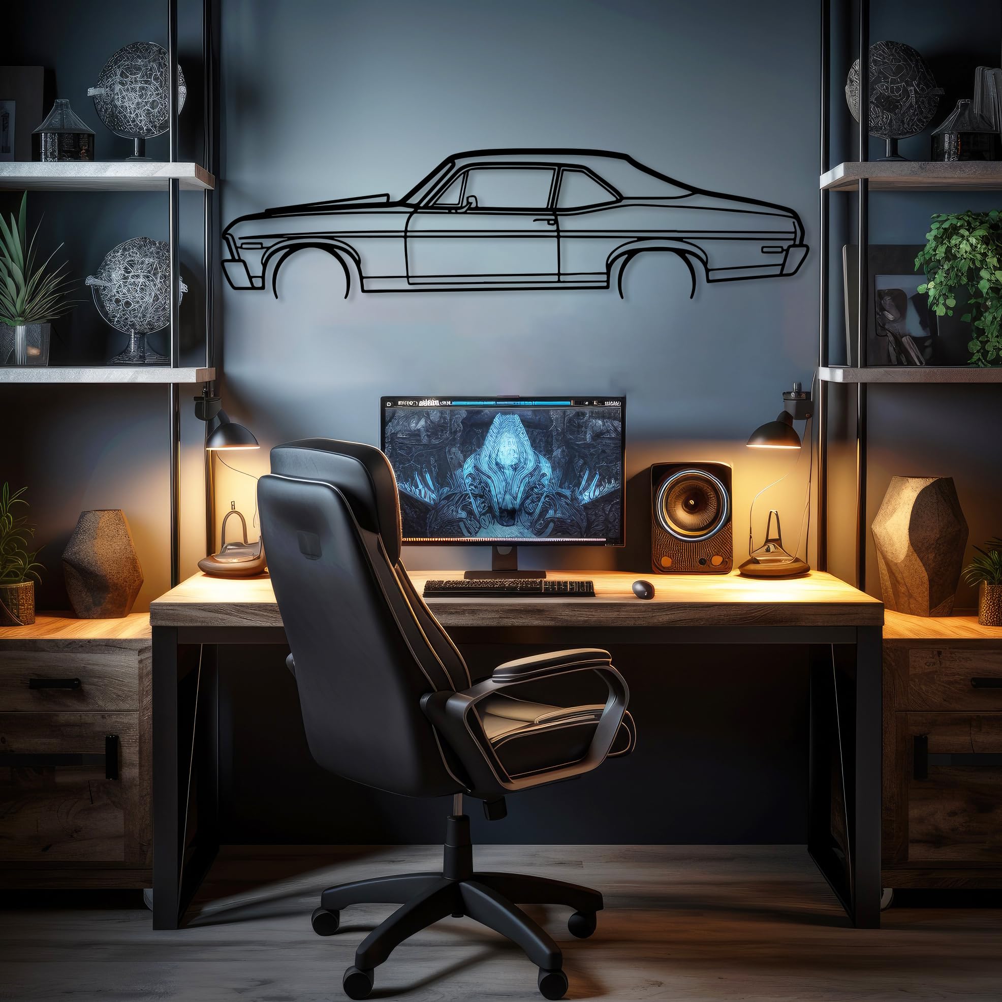 Nova 1972 Model Silhouette Metal Car Wall Art, Sports Car, Automotive Silhouette Line Decoration, Minimalist Sculpture for Garage, Man Cave, Indoor Outdoor Wall Decor, Gift for Boyfriend and Car Lover (Black - 20 x 5.1” / 50 x 13 cm)