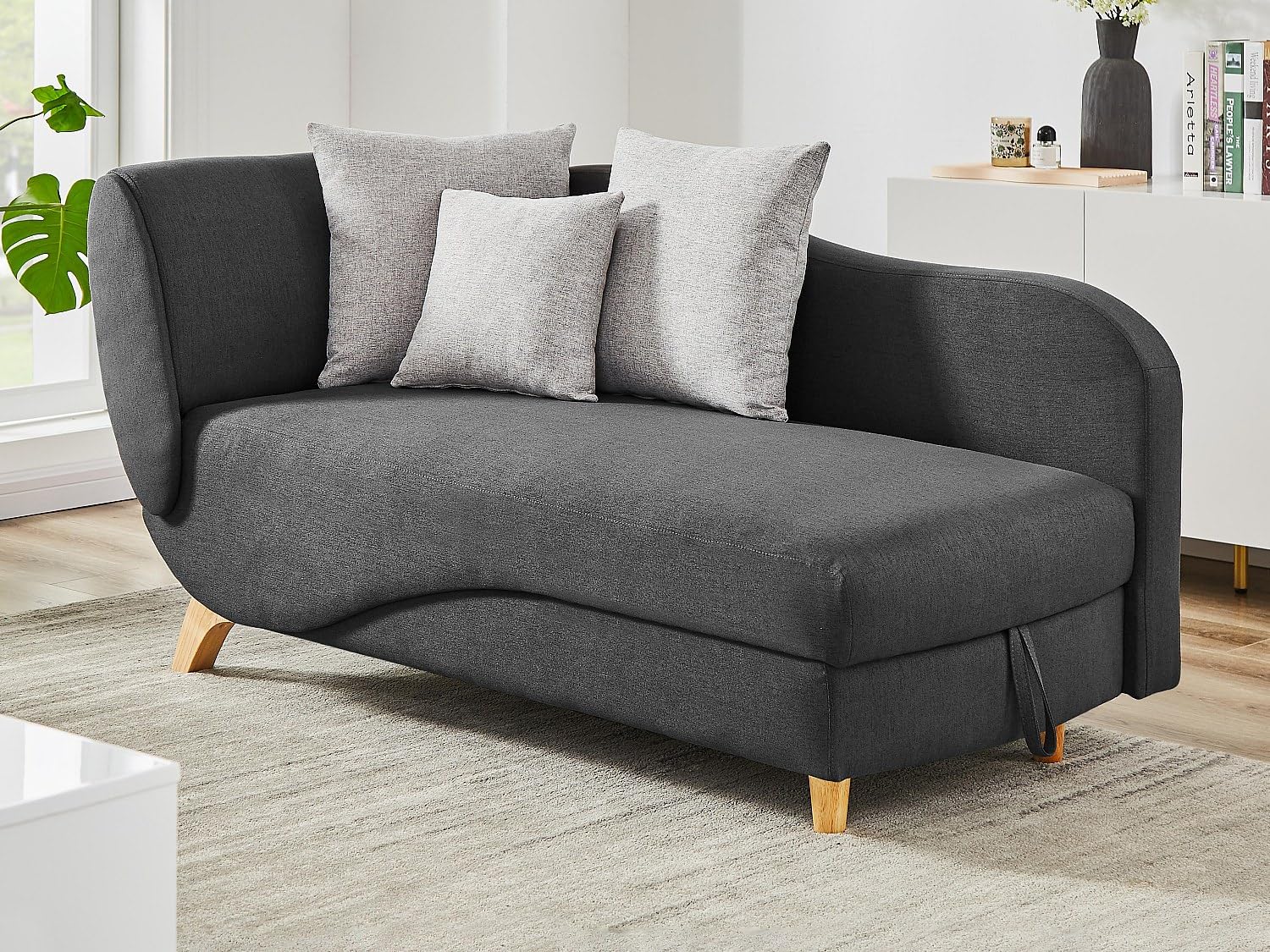 Vente-unique - Méridienne Droite Convertible en Tissu Anthracite avec Coffre de Rangement Penelope