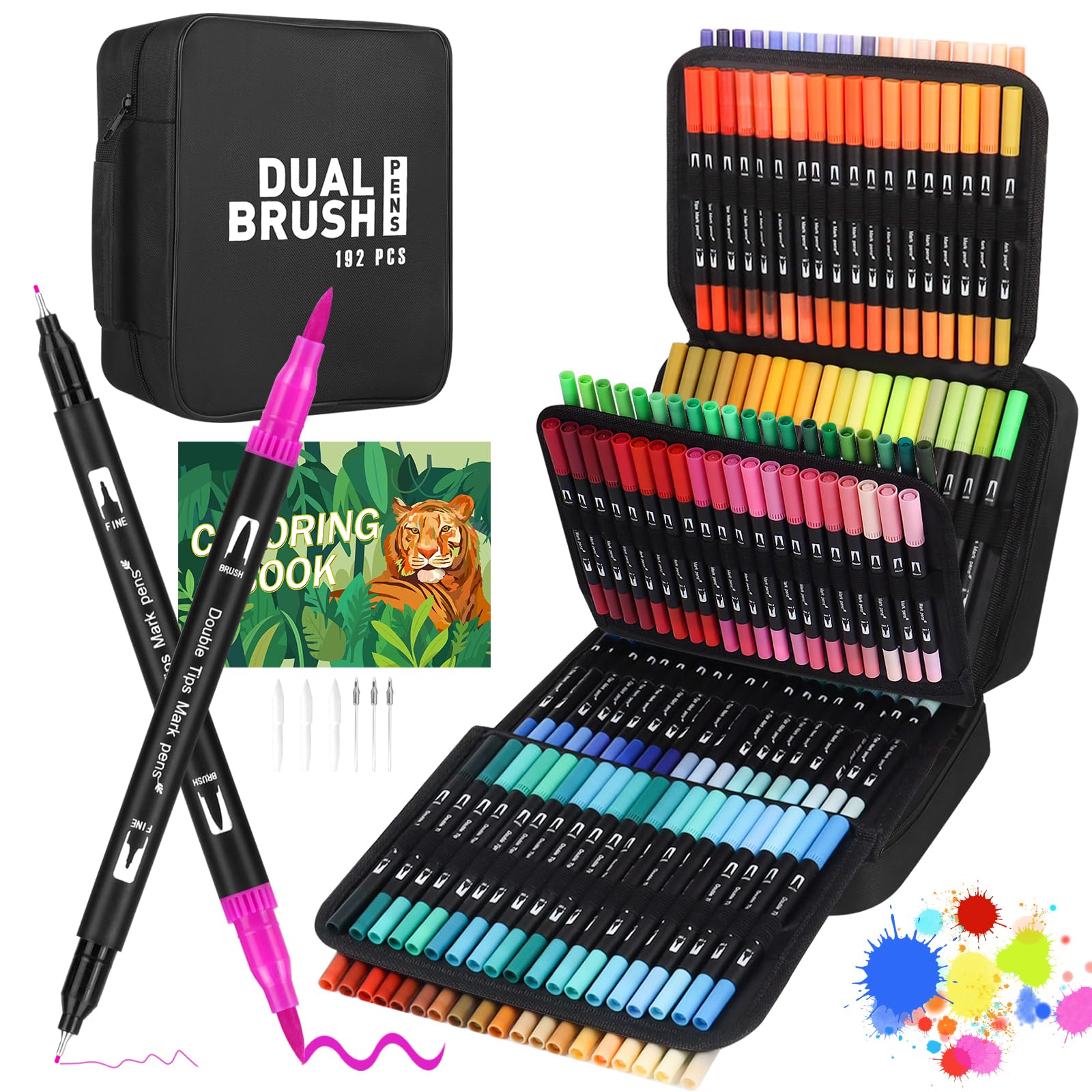 Lettering 192 Colours, Double Tip Brush Pen Kit with Colouring Book, Fine Brush Tip Marker for Adults Graffiti, Mandalas, Calligraphy, Drawing, Mandalas