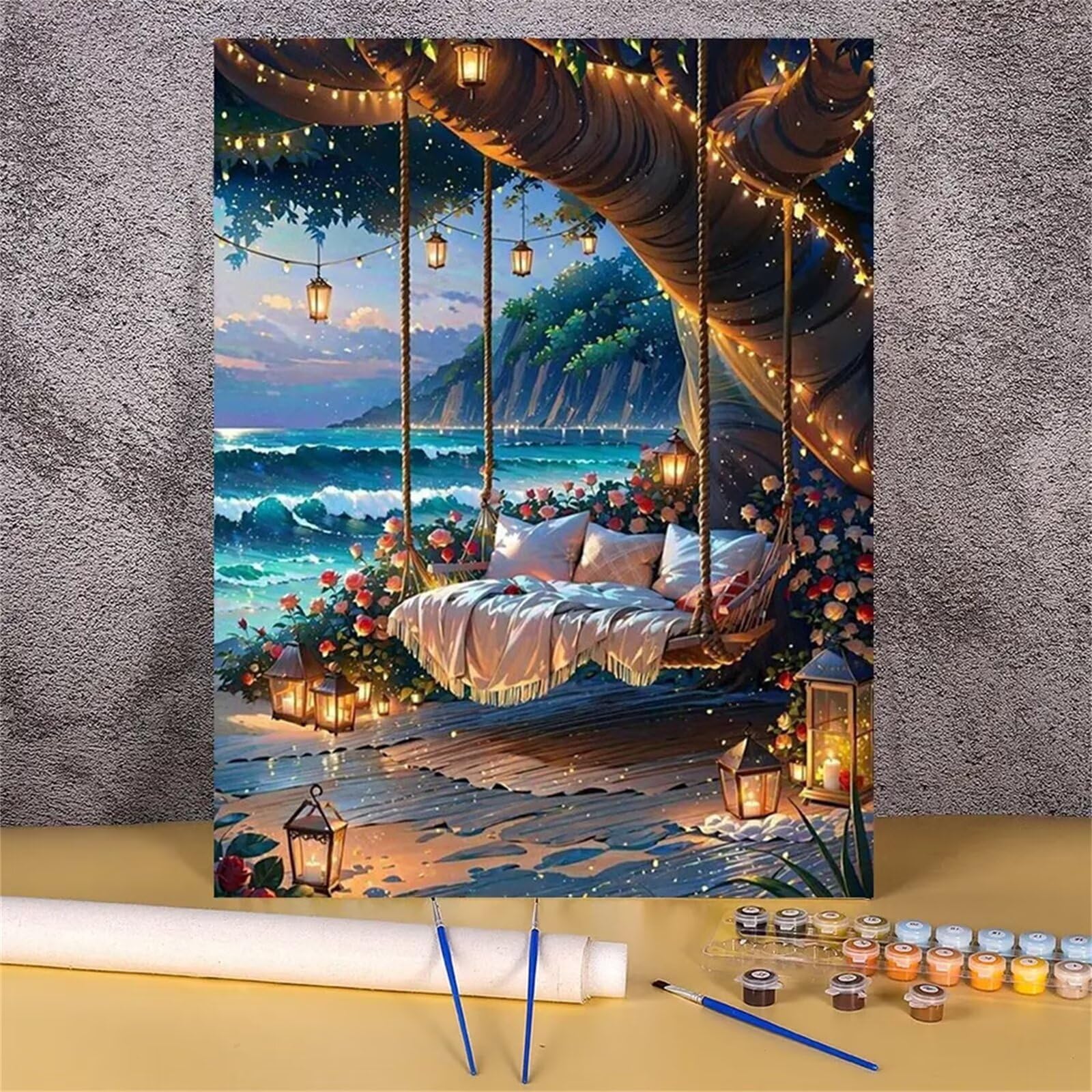 Heaen Dipingere con i Numeri per Adulti,Columpio playa junto mar DIY Paint by Numbers con Vernici e Pennelli per Adulti Principianti,Kit di Pittura Acrilica per Decora la casa Con Cornice 60x75cm