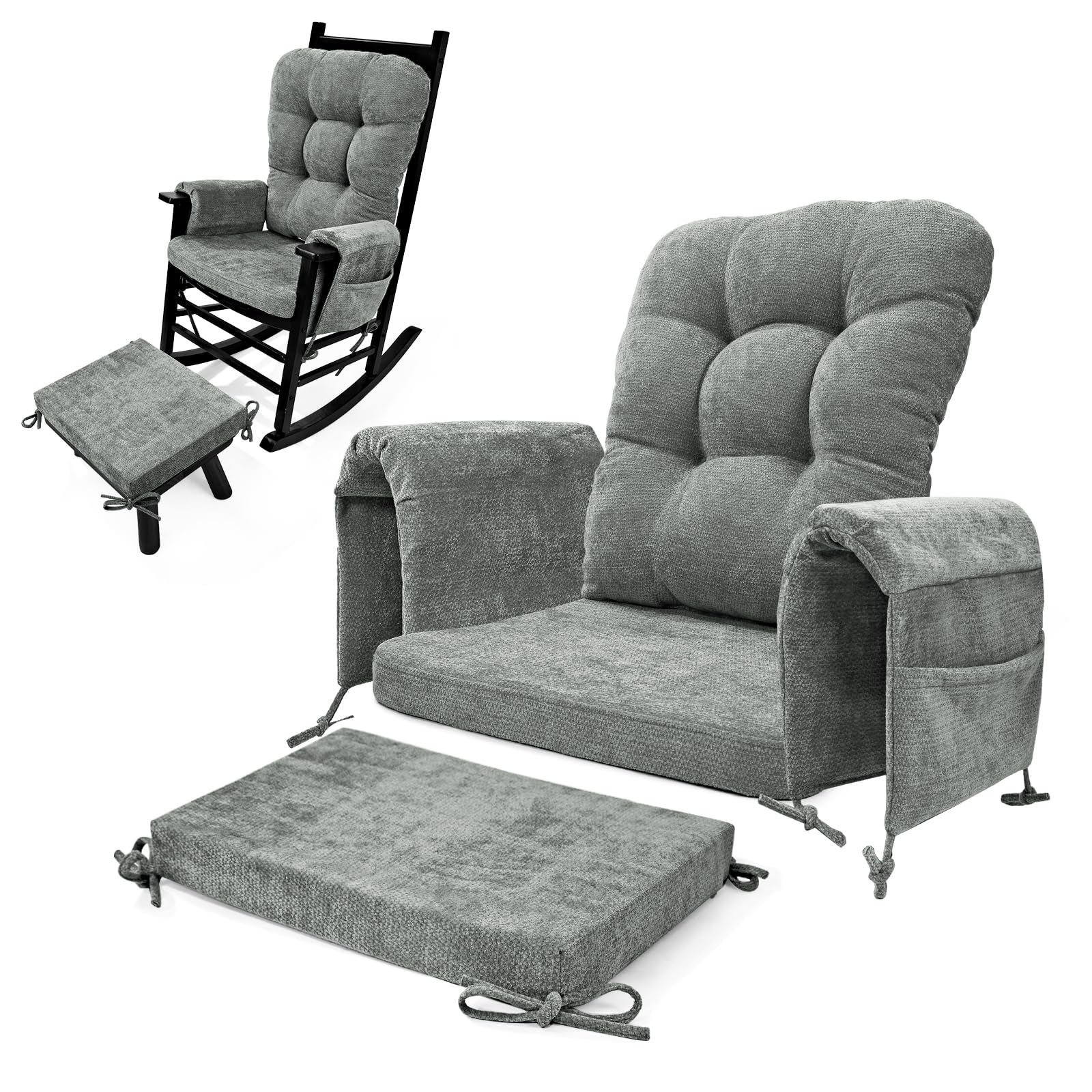 Glyzia 5 PCS Glider Rocker Replacement Cushions with Storage Side Pocket, Luxuriy Chenille Fabric Foam & Microfiber Filling, Thickened & Supportive Rocking Chair Cushion Set, Light Grey