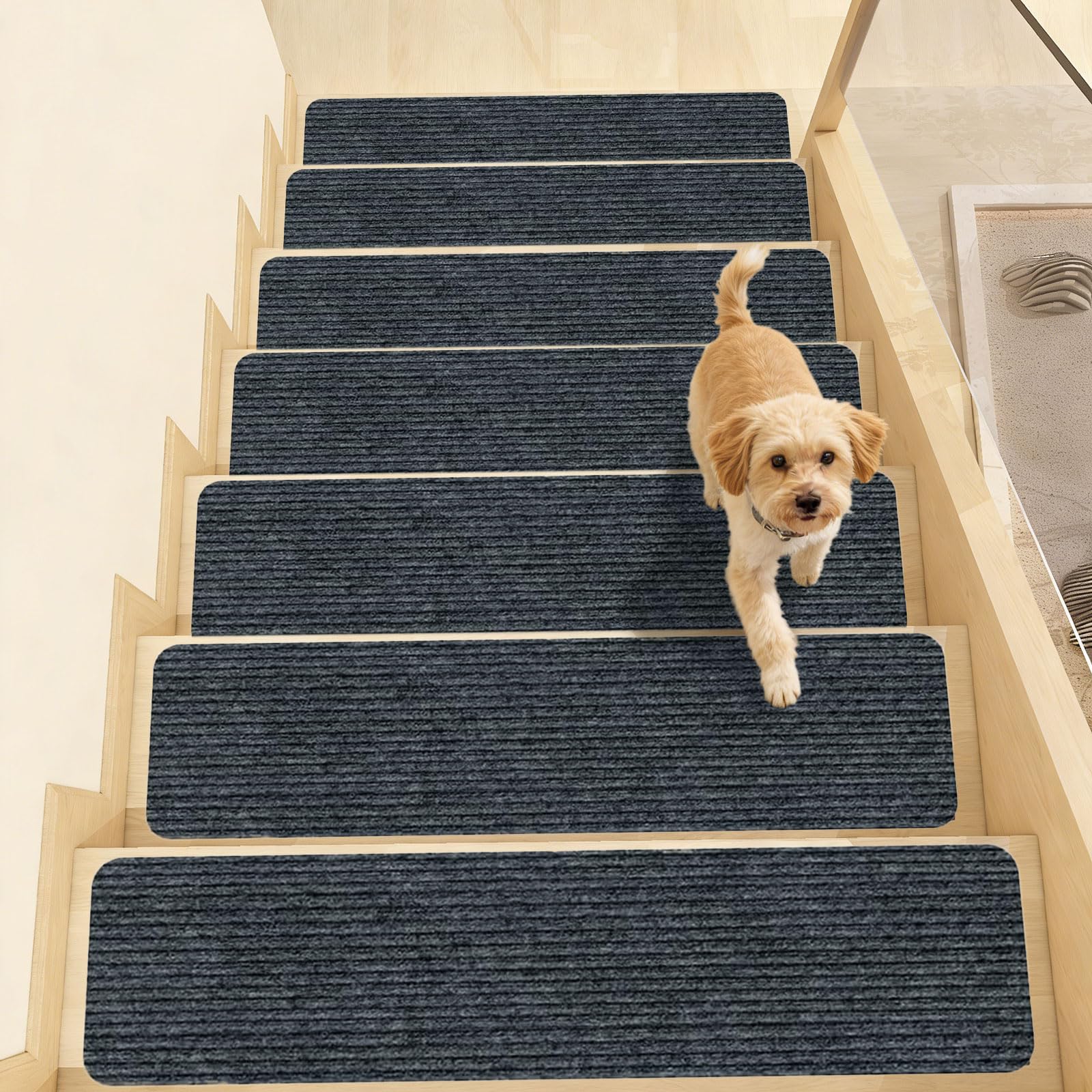 15 pièces de tapis pour marches d'escalier, 55x22 cm, tapis d'escalier, gris foncé, résistant à l'eau, rectangulaire, auto-adhésif, antidérapant, pour protéger les animaux de compagnie, les personnes