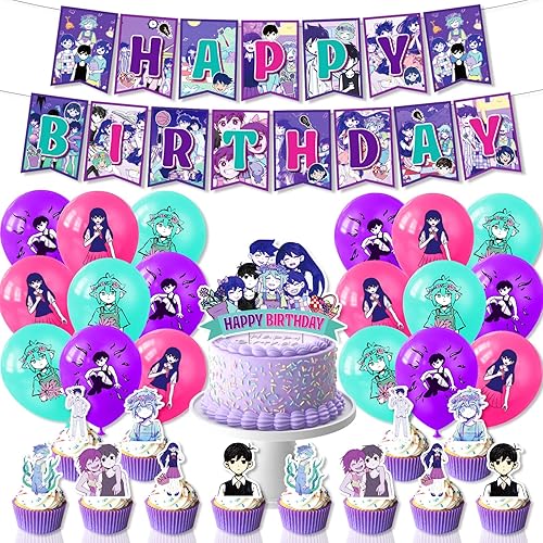 Omori Game Birthday Party Decorations, Include Omori Birthday Banner, Cake Topper, Latex Balloons, for Fans Kids Party Supplies Merch