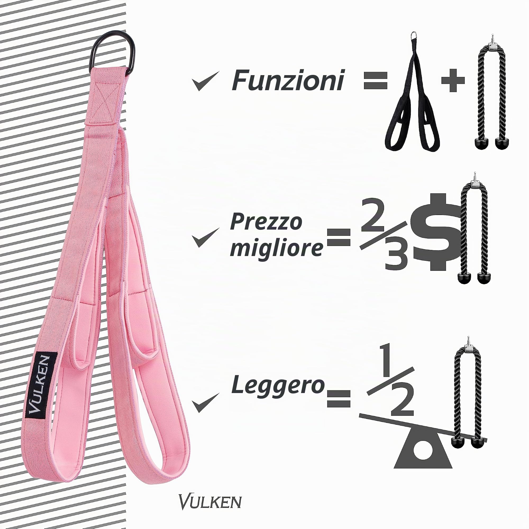 Vulken - Corda per tricipiti con Cavo, Due Misure in Una Corda Extra Lunga, Cinghie di Estensione per tricipiti, Attrezzatura da Palestra, Maniglie per Allenamento a casa per Bande di Resistenza.