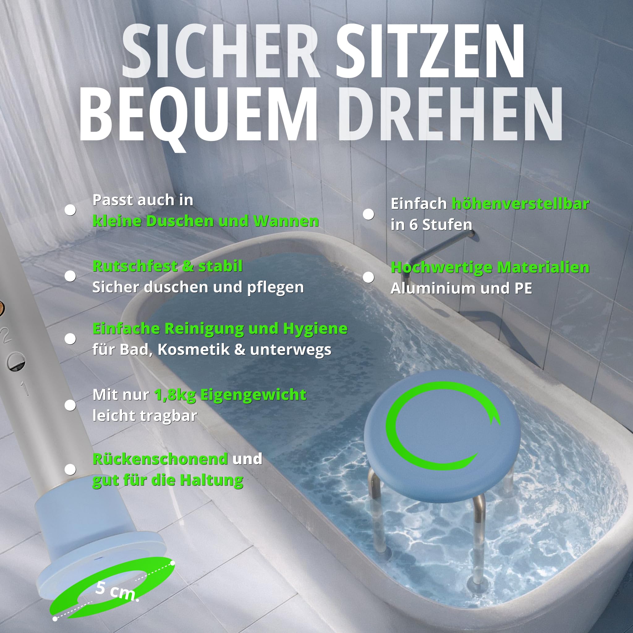 Duschhocker 360° extra leichtgängige Drehung, Medizinprodukt Klasse I, Stilvoller Duschstuhl 6-fach höhenverstellbar. Hygienischer Badsitz komplett abgedeckt. Bis 136 kg. Rutschfeste Gummifüße