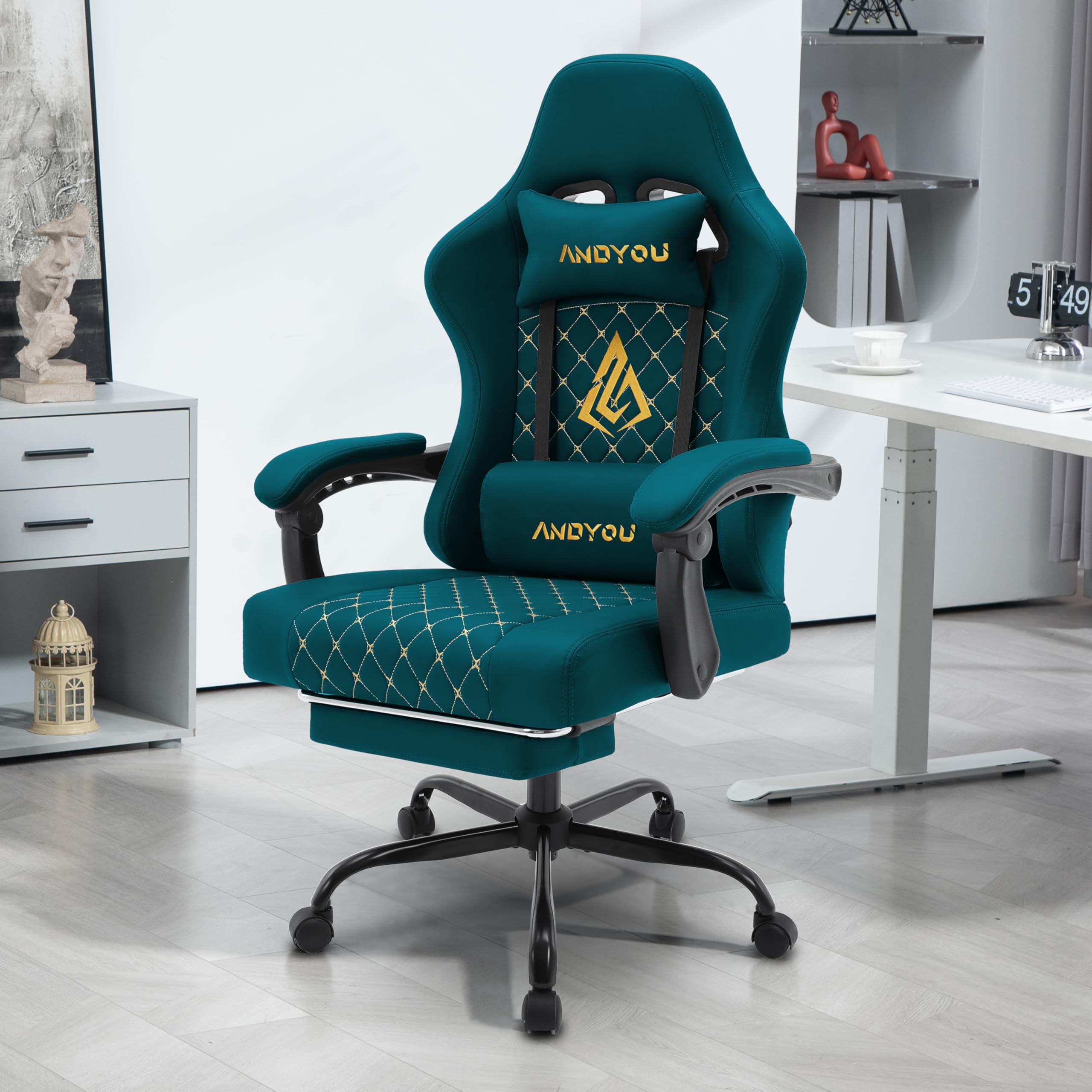 Andyou Chaise de Gamer Ergonomique, Chaise Gaming avec Soutien Lombaire Repose-Pieds, Fauteuil de Bureau réglable et pivotant capacité de Charge 150 kg, Cuir PU