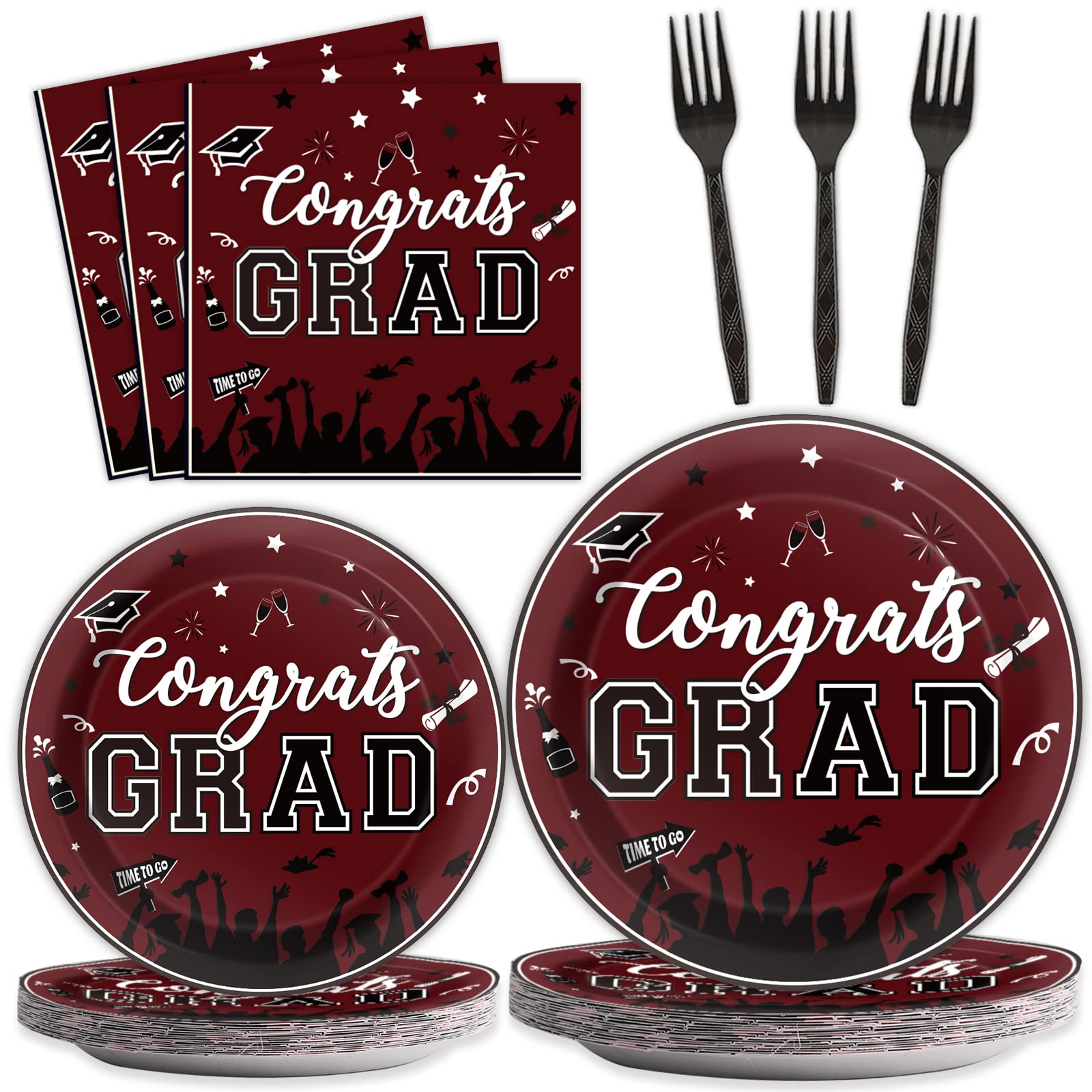 gisgfim 24 Guest Graduation Party Plates Napkins Supplies Maroon Congrats Grad Tableware Set Class of 2025 Disposable Paper Plates Napkins Forks for