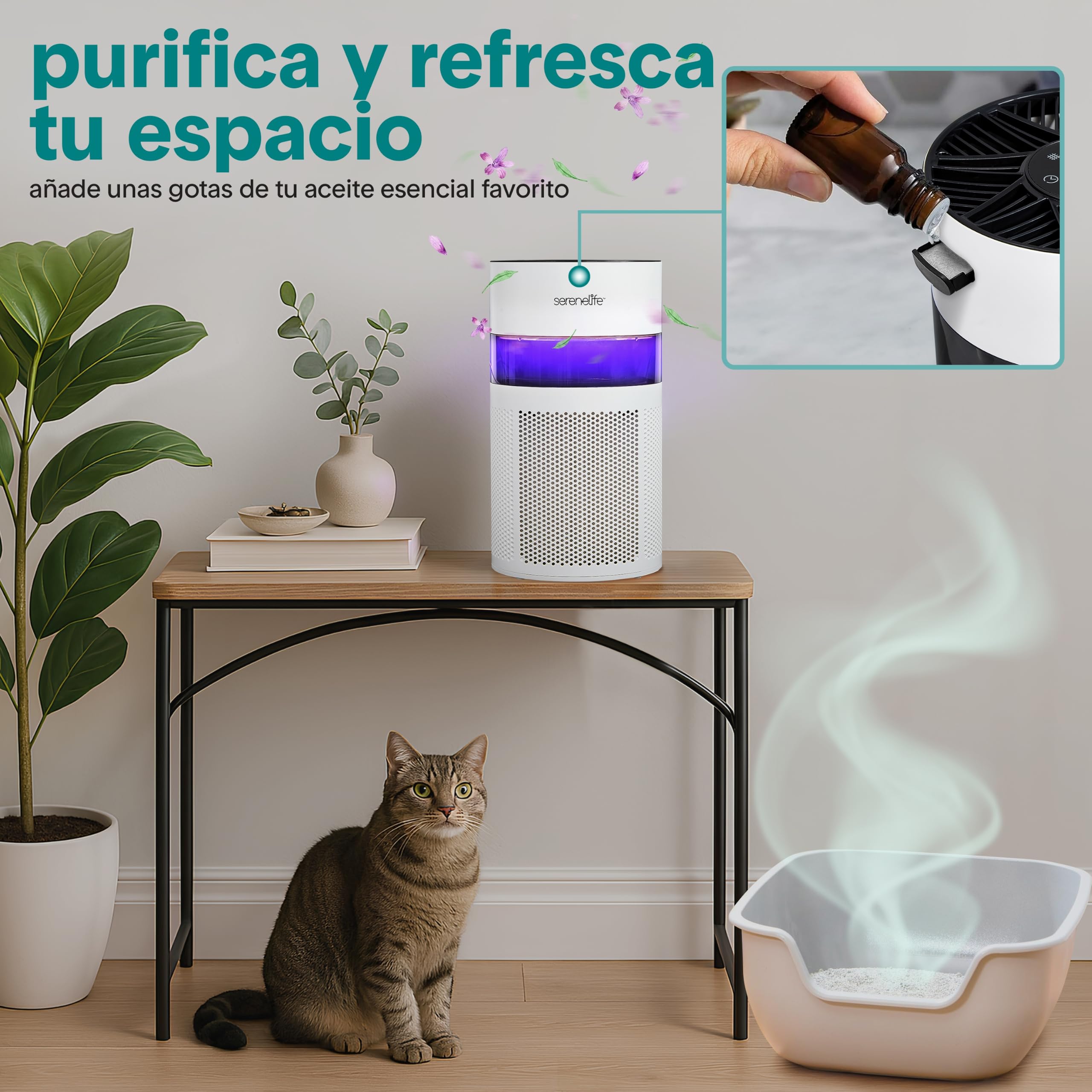 SereneLife Purificador de Aire Portátil Silencioso con Filtro HEPA H13 para Alergias y Pelo de Mascotas, Mini con Aromaterapia, Luz Ambiental, Temporizador, Modo Sueño, para Dormitorio y Escritorio