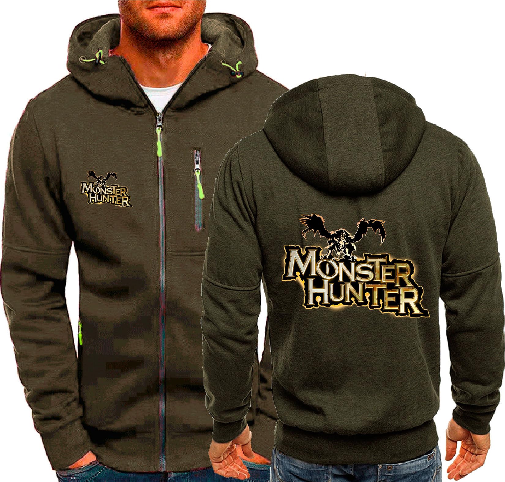 Unisex Pullover Hoodie For Monster Hunter Zipped Hooded Sweatshirts For Mens Women Jumper Warm Cosy Hoody Outerwear Teenagers Hoodies,Green-M
