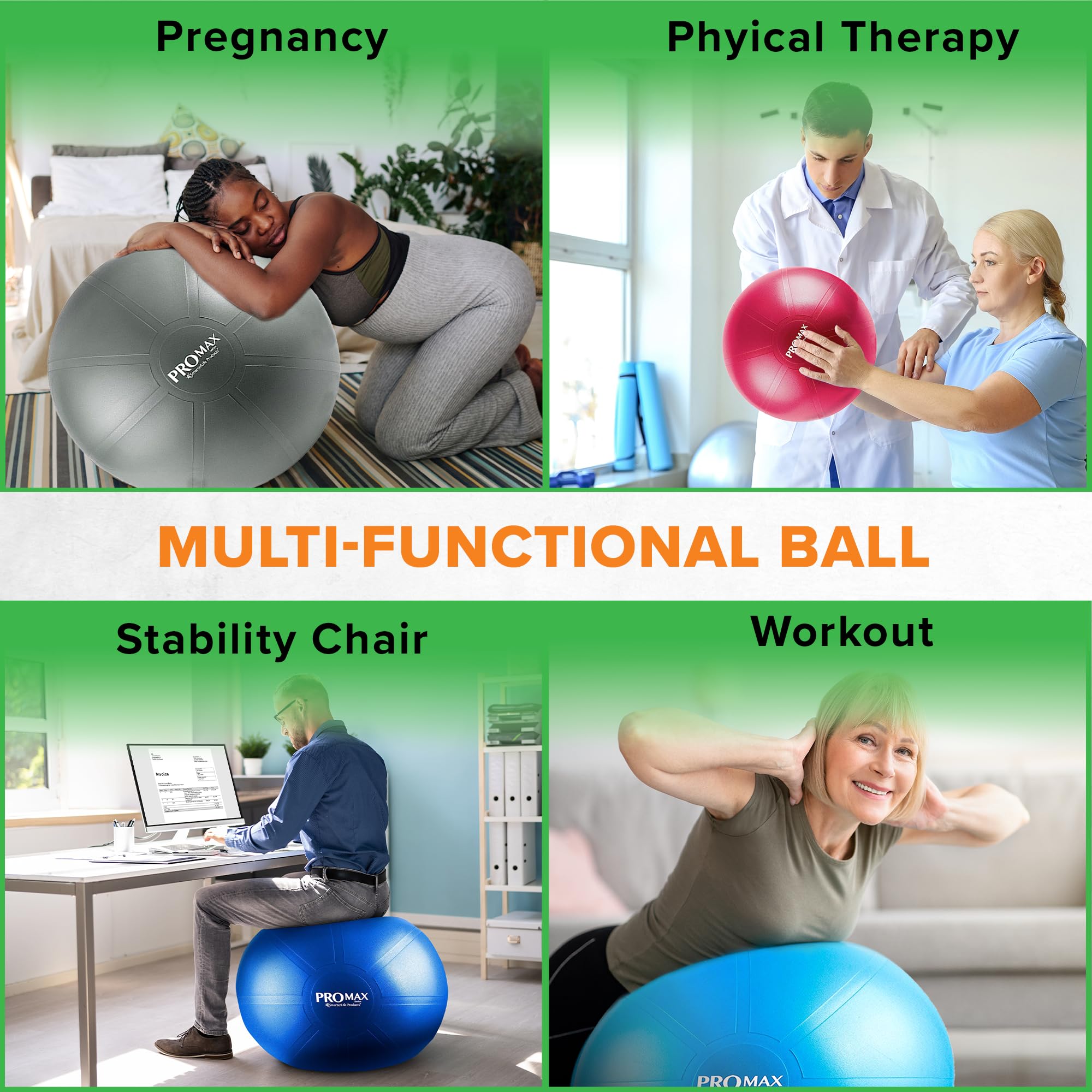 SmarterLife PRO MAX Gymnastikball für Stabilitätstraining, Fitness, Schwangerschaft, Yoga, Pilates, Heimstudio, Physiotherapie, Geburt, Balance Ball Stuhl (65cm, Silber)