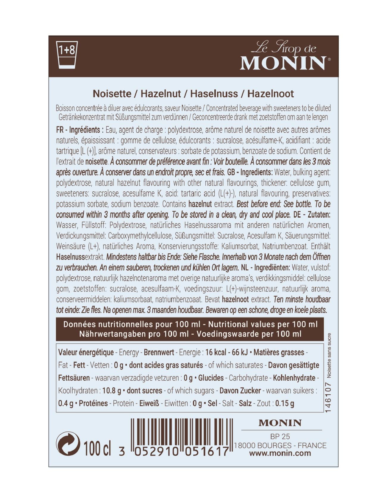 Buy MONIN Premium Hazelnut Sugar Free Syrup 1L Online at desertcart Ireland