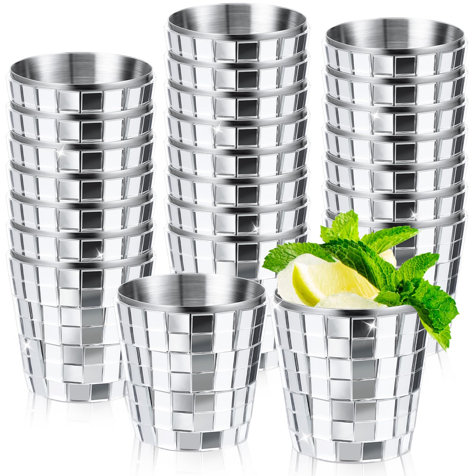 Yiyiring 24 Pcs 1 oz Disco Ball Glitter Shot Cups Metal Shot Glasses for Whiskey Wedding Bachelorette Bar Decorations 70s Disco Party Supplies