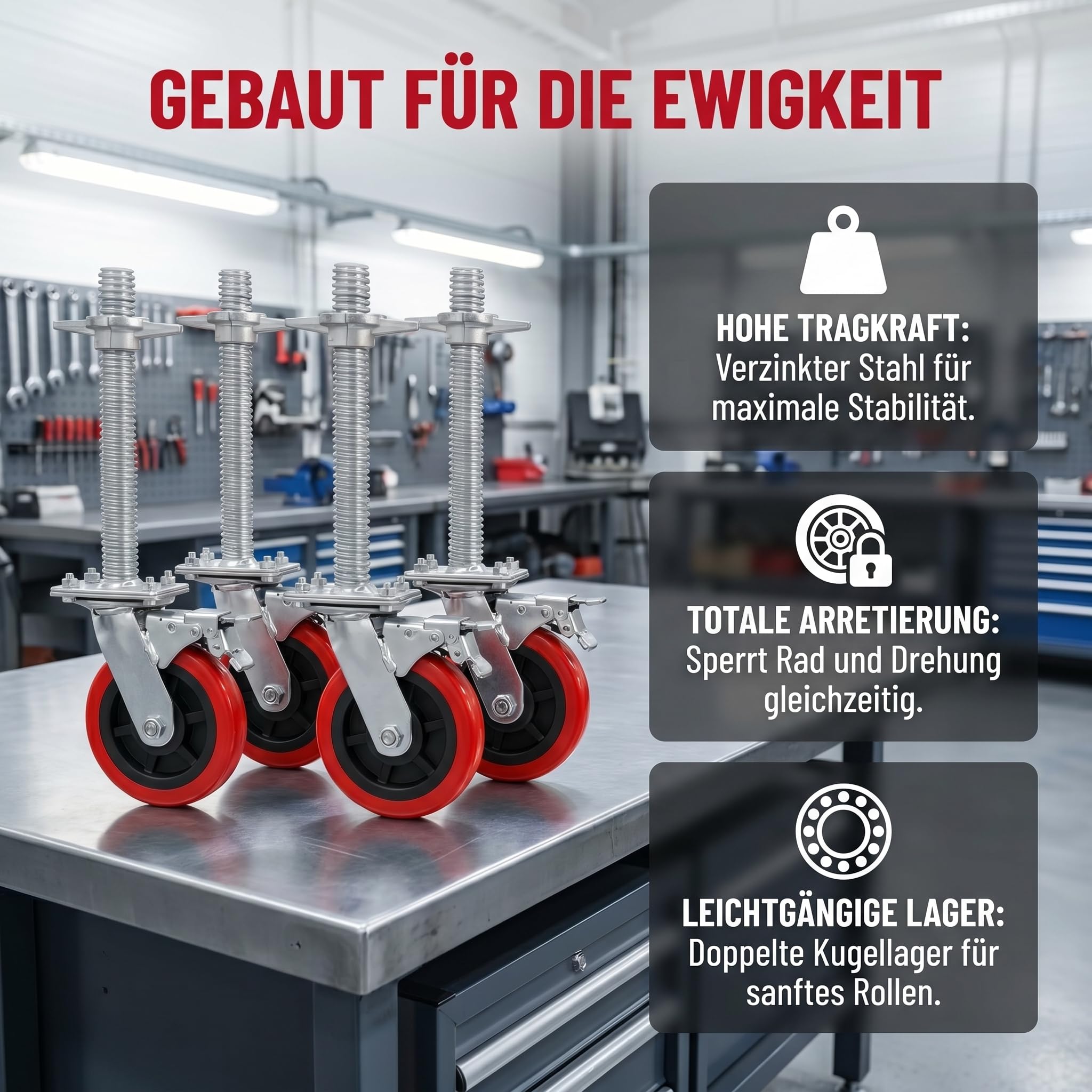 6 Zoll Schwerlast Gerüst Lenkrollen Rot Doppelt Gebremst, 4 Stück | 300 mm Stahlspindel als Gerüstspindel, 6202 Doppelkugellager, Für Arbeitsgerüste und Rollgerüste, Tragfähigkeit: 500 kg