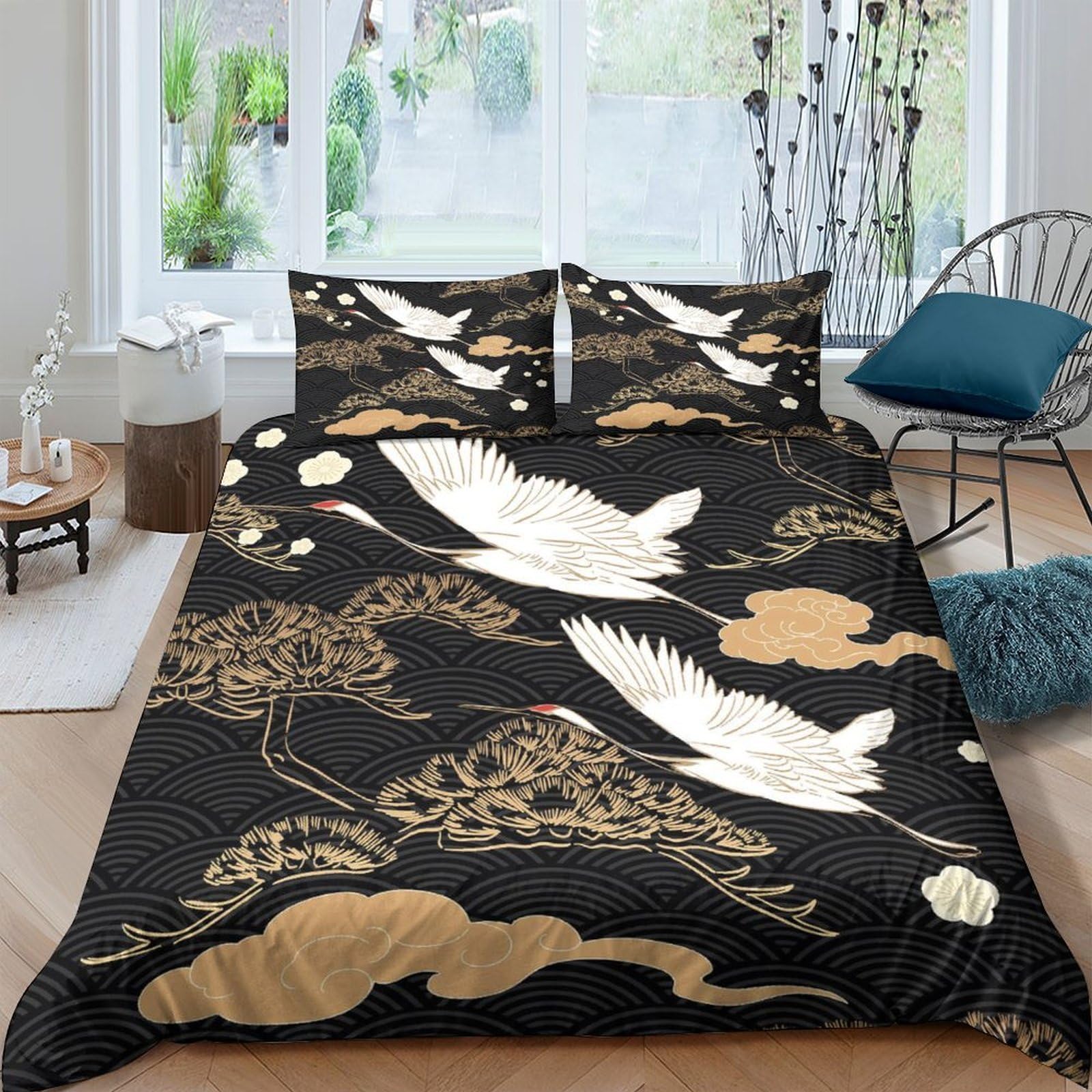 GPLZQXKJNH 3D Printed Japanese Crane Duvet Cover Black Gold Microfiber Soft Bedding Set with 2 Pillowcases for Bedroom Decor Single（135x200cm）