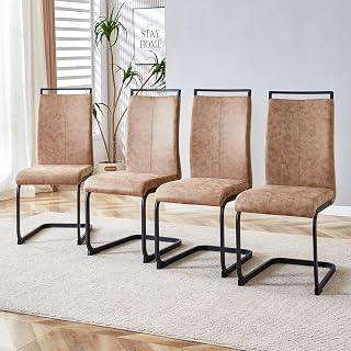 4-Piece Modern Dining Chair Set, Tech Cloth High Back, C-Shaped Black Metal Legs, Ideal for Dining, Office & Guest Use,BrownFabricFoam0
