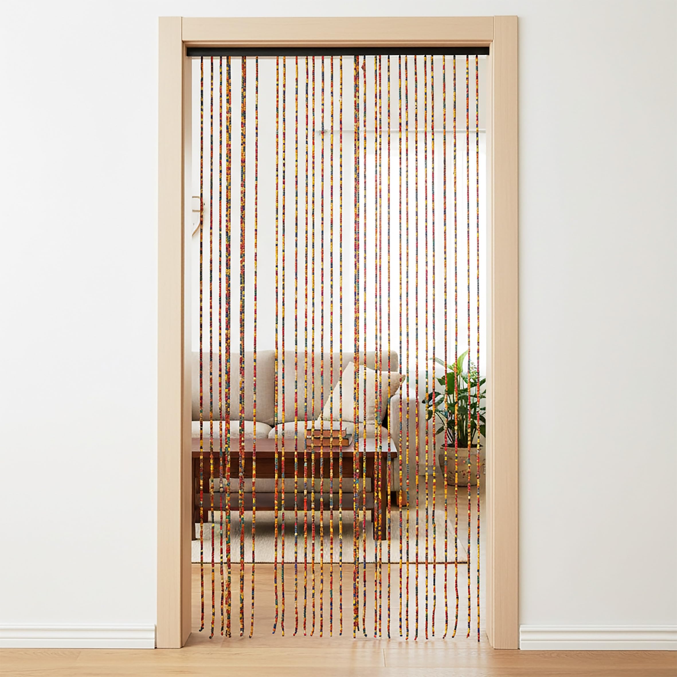 Cortina de cuentas de madera para puerta con 31 hebras, 180 x 90 cm, multicolor, estilo hippie