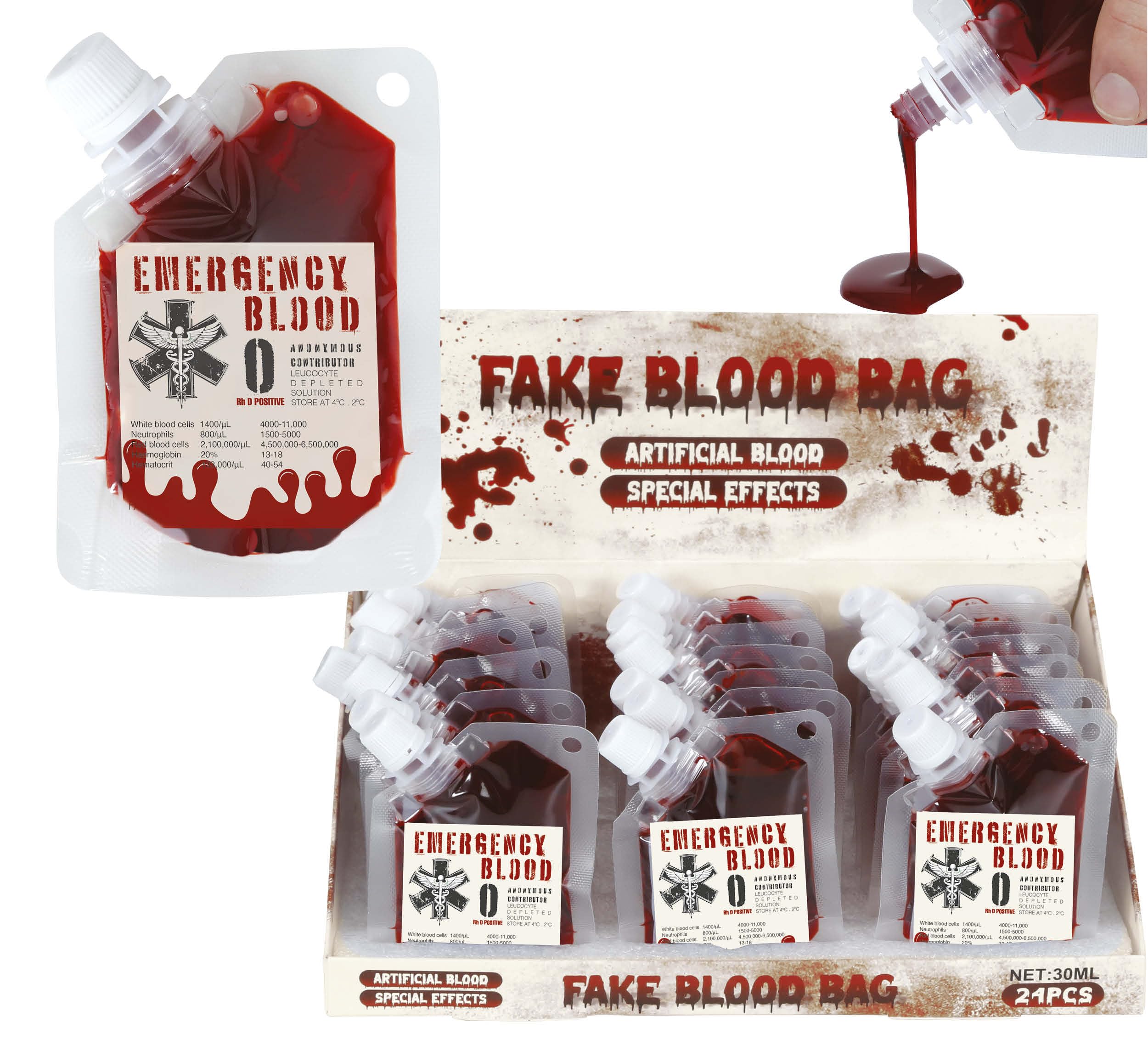 FIESTAS GUIRCA | Box of 24 Fake Blood Bags - Halloween and Carnival Makeup - Face and Body Paint for Horror Costumes, Vampires and Scary Movies - Red