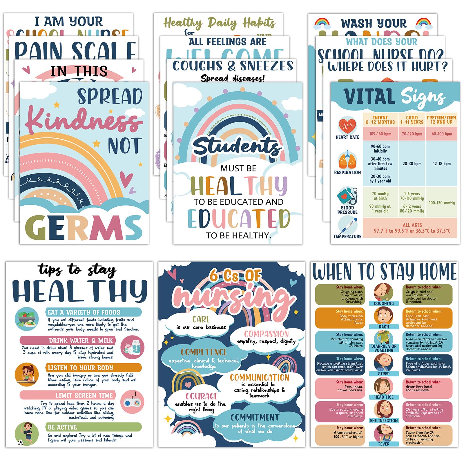 15Pcs School Nurse Bulletin Board Decorations Boho Health Posters for School Office Supplies Health Posters Bulletin Board Decor for Classroom School Office Kids Art Print 11 x 14 Inches Blue