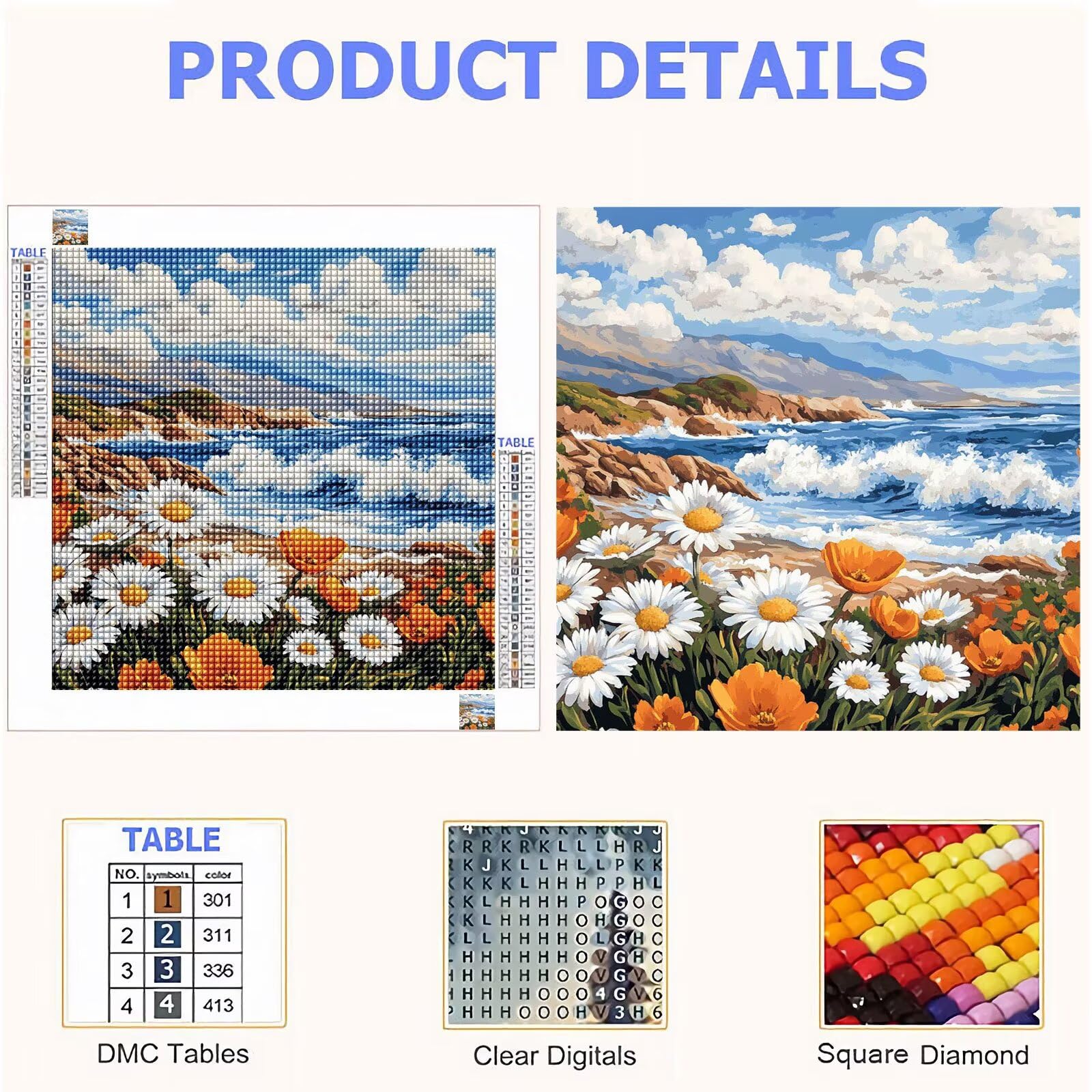 Diamond Painting Adulti, Fiore Diamond Painting Kit Completo, 5D Pittura Diamante Bambini Attività Manuale Creativa e Idea Regalo, Diamantini Crystal Art Tela Fai Da Te Kit 70x70cm Spiaggia FX#604