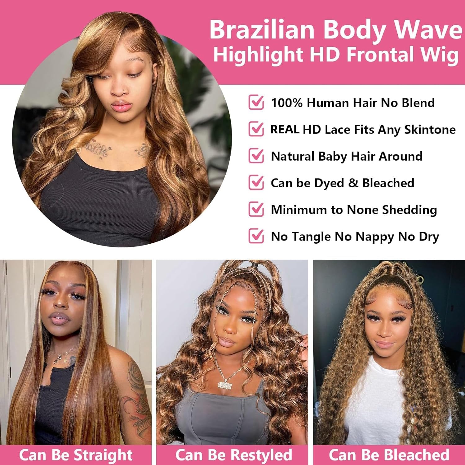 Body Wave Honey Blonde Lace Front Wig Human Hair Pre Plucked Highlight Ombre P4/27 Colored 210% Density 13x4 HD Lace Frontal Wigs Human Hair for Women 22Inch