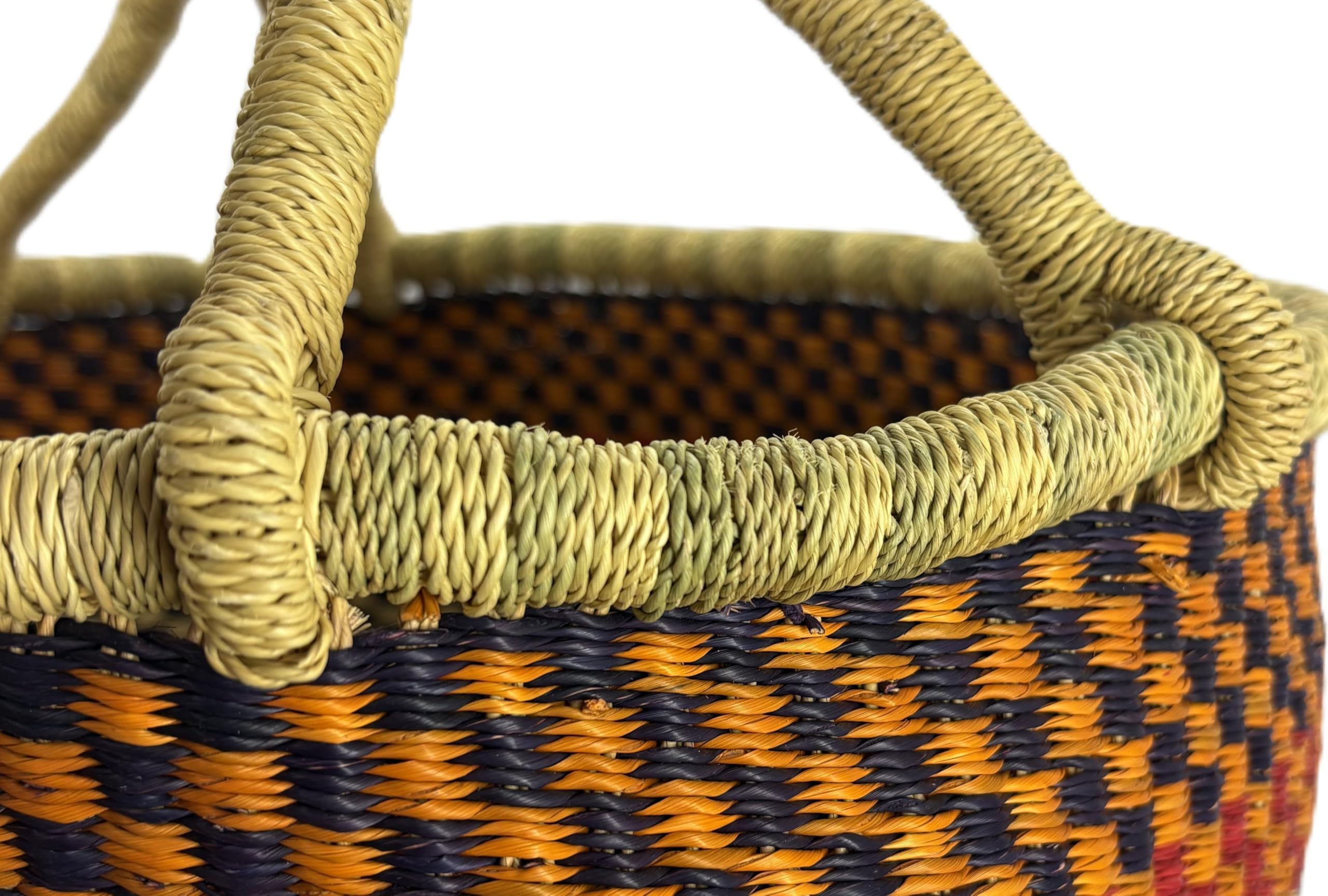 Grand panier rond Bolga original du Ghana en Afrique avec poignée en cuir issu du commerce équitable - Environ 35-40 cm
